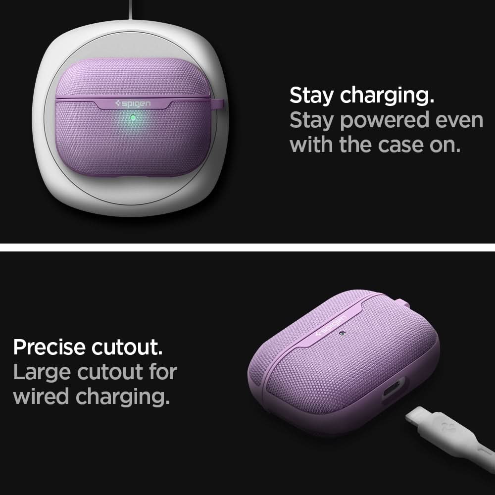 ASD00574 - AirPods Pro Case Urban Fit in Purple showing how it stay charging even with the case on. Precise cutout. Large cutout for wire charging