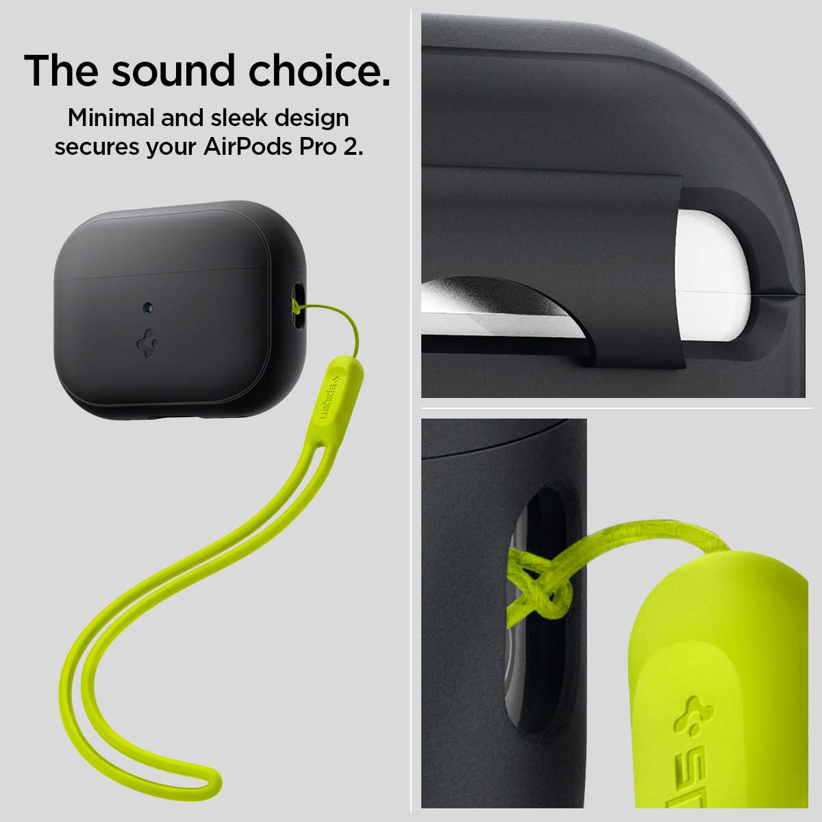 ACS05810 - Apple AirPods Pro 2 Case Silicone Fit + green strap showing the sound choice. Minimal and sleek design secures your AirPods Pro 2