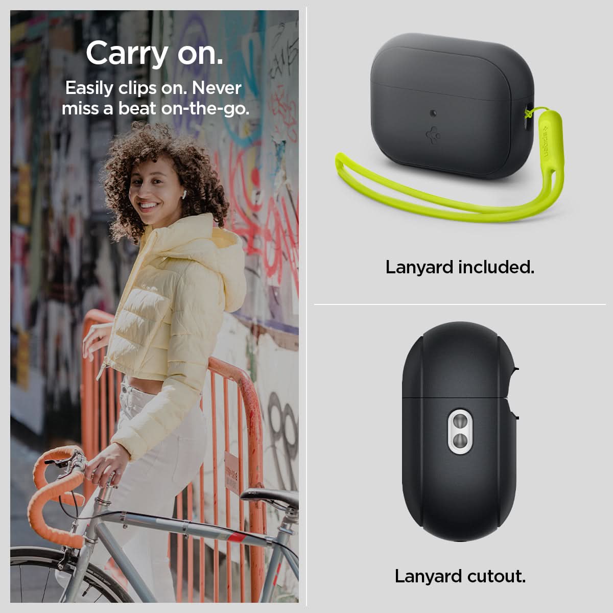 ACS05810 - Apple AirPods Pro 2 Case Silicone Fit + green strap showing how it easily clips on. Never miss a beat on-the-go. Lanyard included and with lanyard cutout