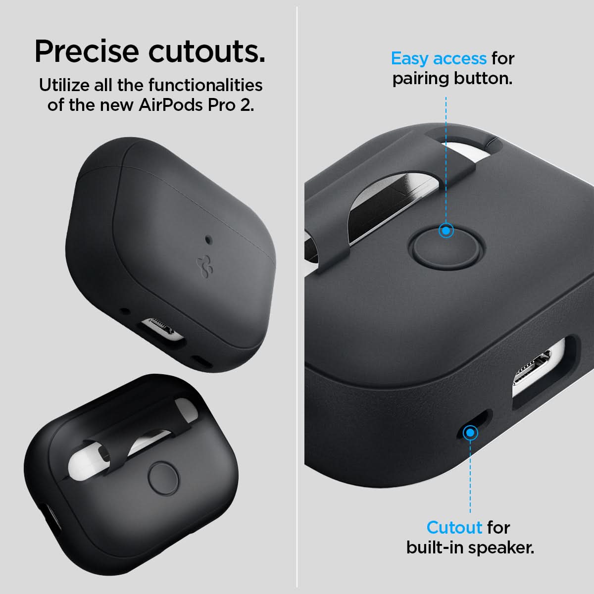 ACS05810 - Apple AirPods Pro 2 Case Silicone Fit + green strap showing the precise cutouts. Utilize all the functionalities of the new AirPods Pro 2 with easy access for pairing button and cutout for built-in speaker