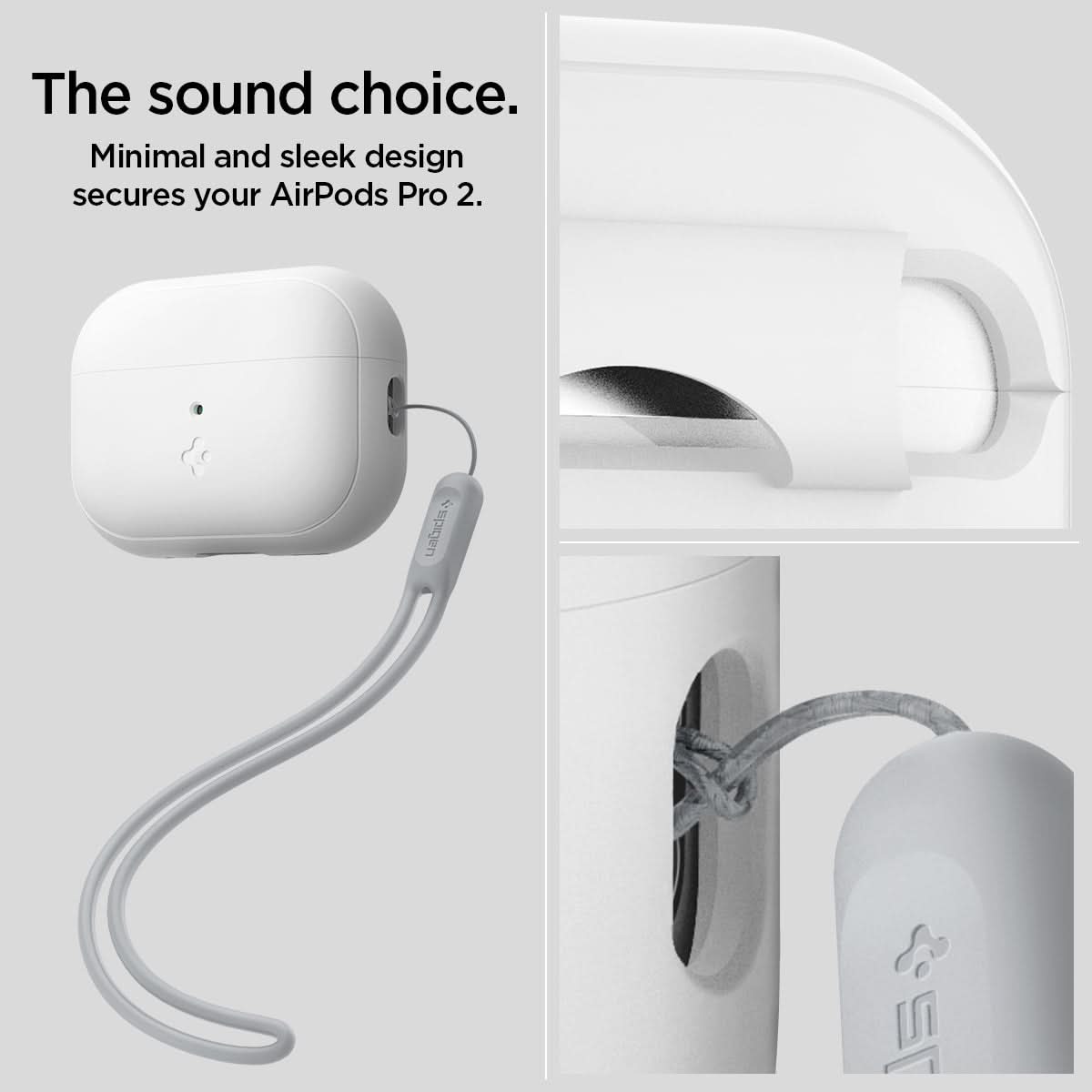 ACS05811 - Apple AirPods Pro 2 Case Silicone Fit + strap in white showing the sound choice. Minimal and sleek design secures your AirPods Pro 2