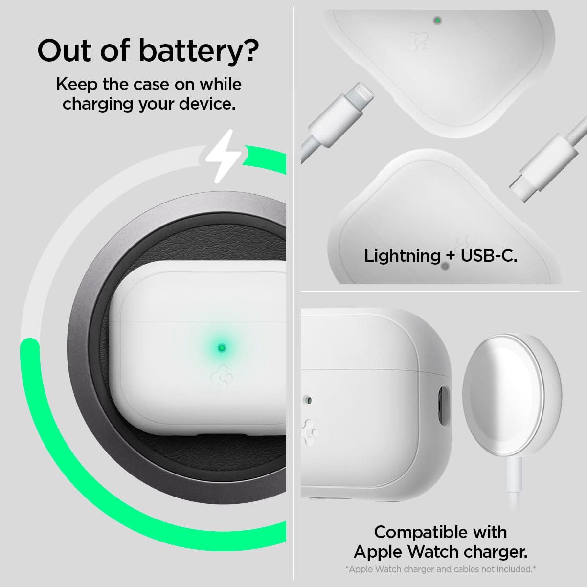 ACS05811 - Apple AirPods Pro 2 Case Silicone Fit + strap in white showing how keeping the case on while charging your device. Lightning + USB-C. Compatible with Apple Watch charger