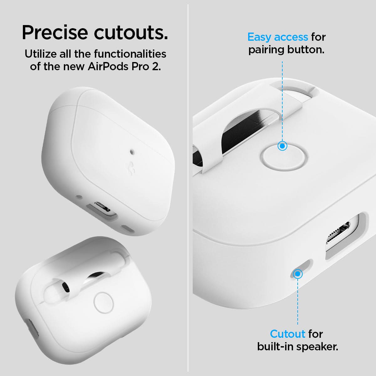 ACS05811 - Apple AirPods Pro 2 Case Silicone Fit + strap in white showing the precise cutouts. Utilize all the functionalities of the new AirPods Pro 2 with easy access for pairing button and cutout for built-in speaker