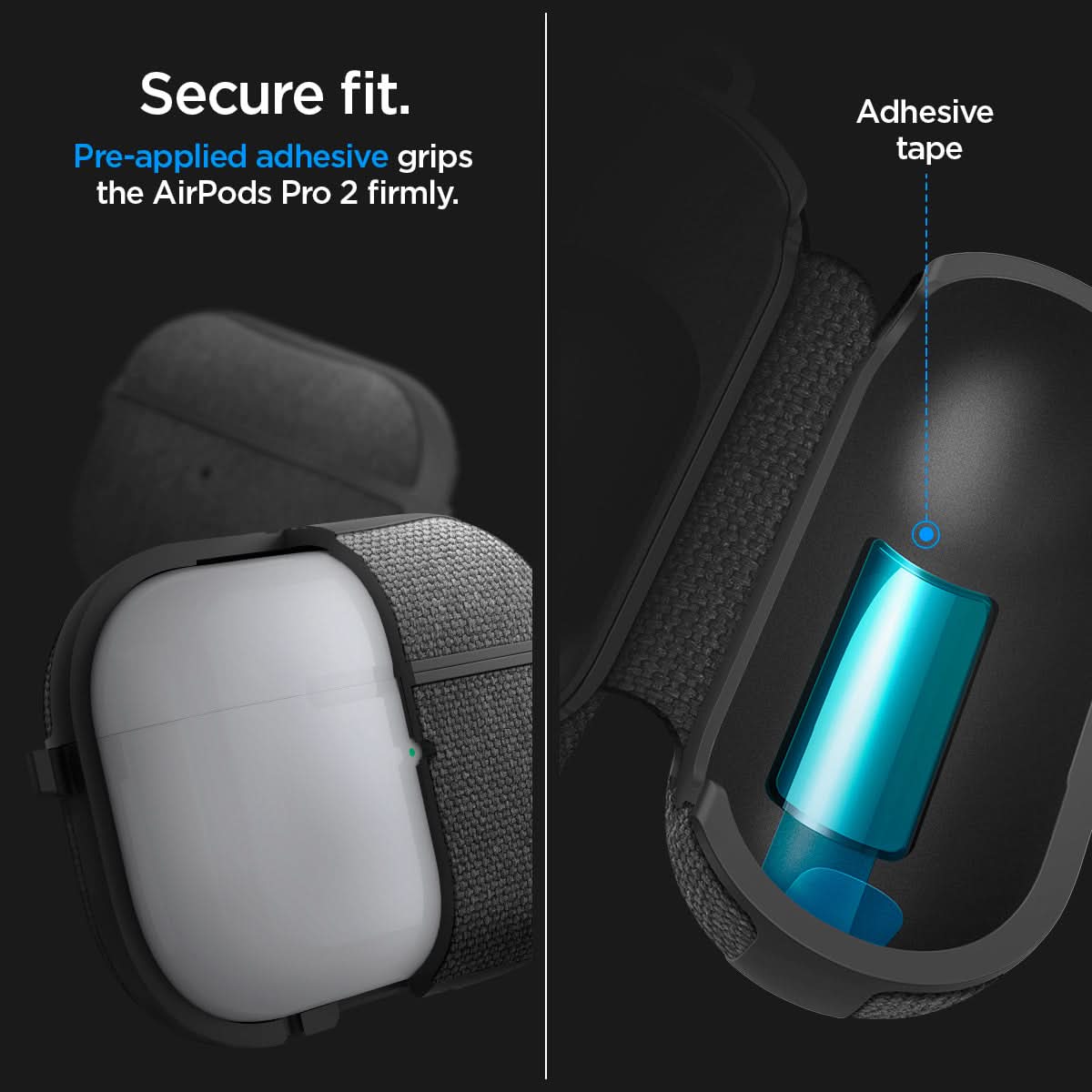 ACS05483 - Apple AirPods Pro 2 Case Urban Fit in black showing the secure fit. Pre-applied adhesive grips the Airpods Pro 2 firmly with adhesive tape inside
