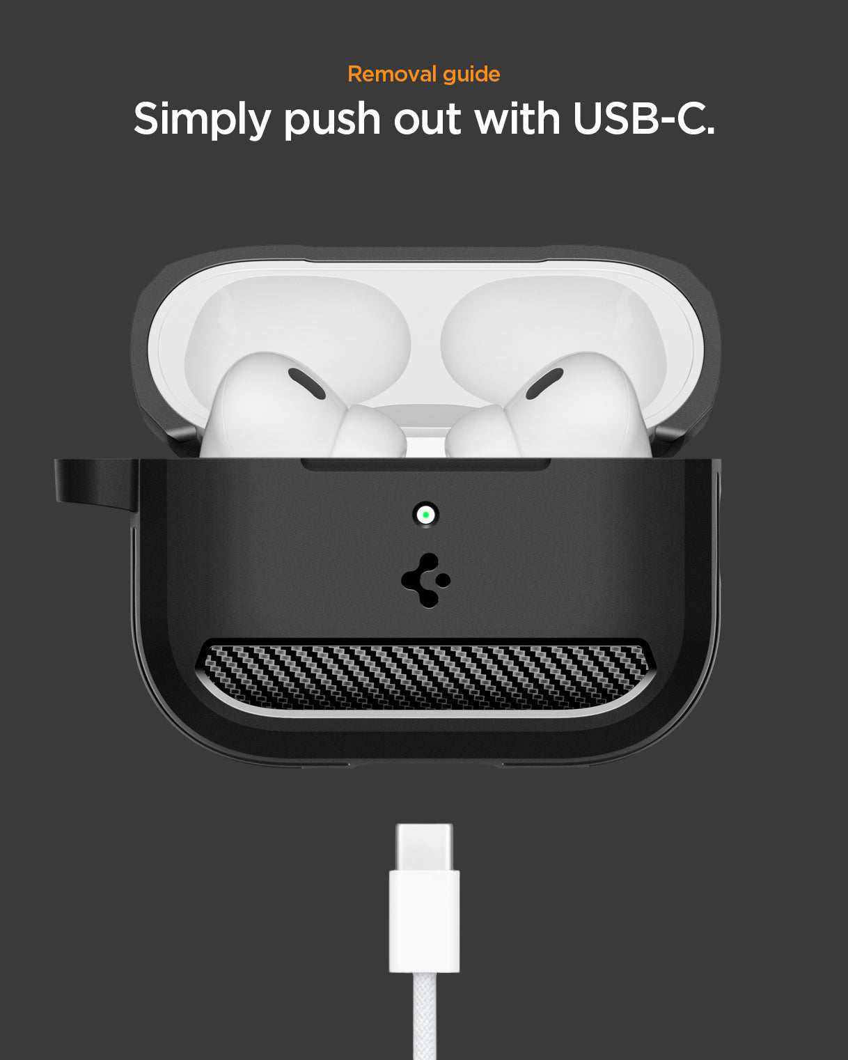 ACS09822 - AirPods Pro 3 Rugged Armor in Matte Black showing removal guide. simply push out with usb-c