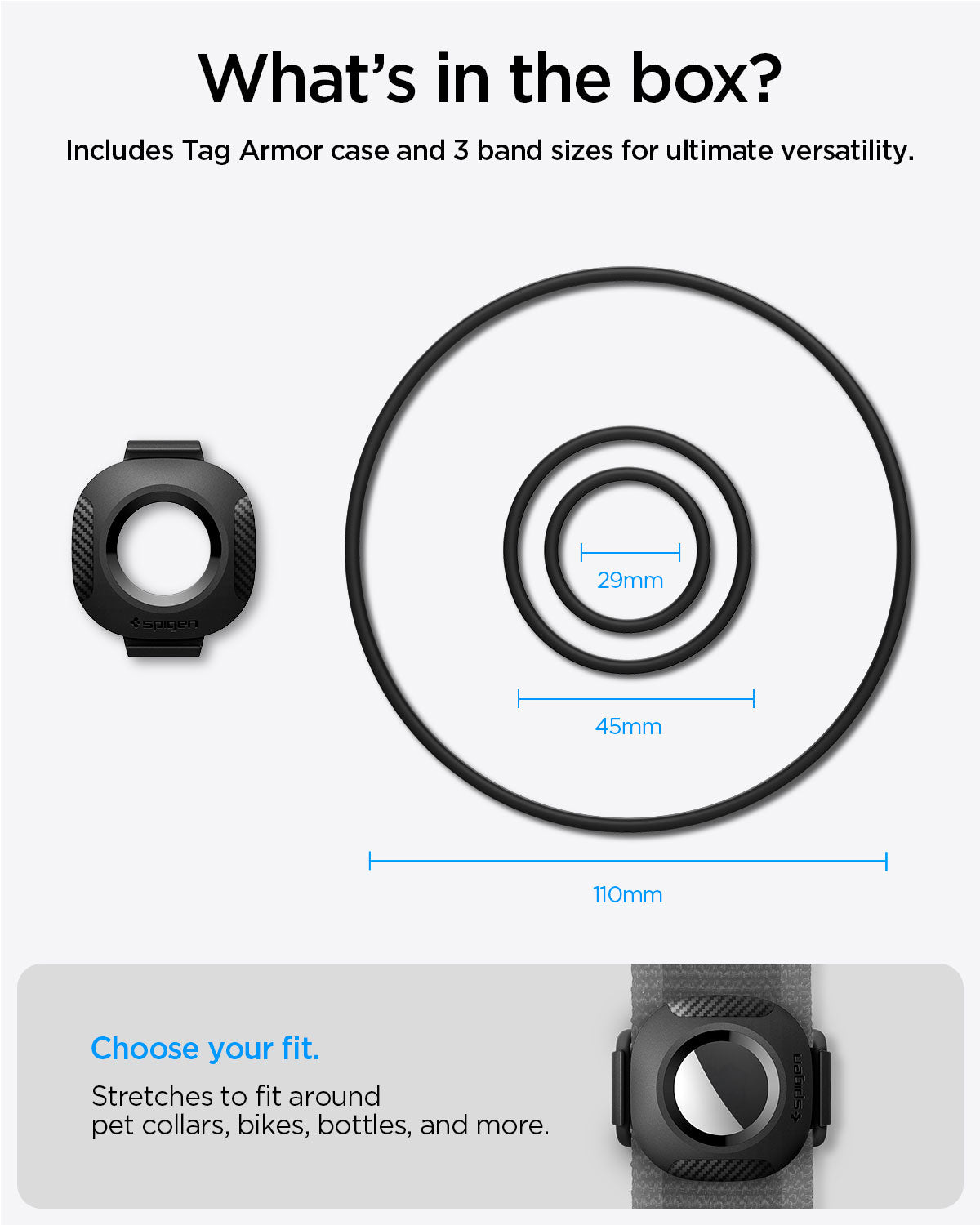 AHP09659 - AirTag Series Tag Armor 2 what's in the box? includes tag armor case and 3 band sizes for ultimate versatility