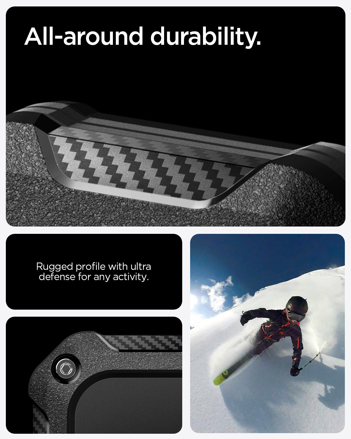 ACS09781 - 1 Pack Apple AirTag Tough Armor IP in Black showing the all around durability. Rugged profile with ultra defense for any activity
