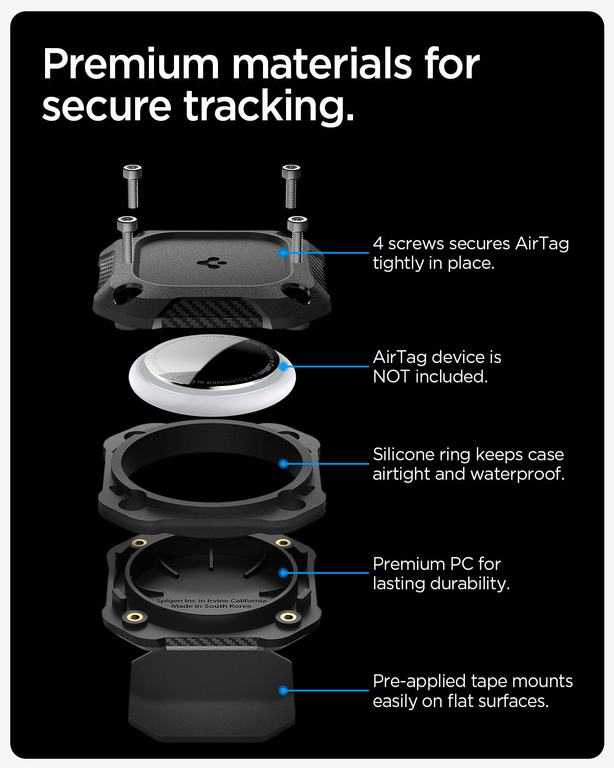 ACS09781 - 1 Pack Apple AirTag Tough Armor IP in Black showing the premium materials for secure tracking. 4 screws secure AirTag in place, Silicone ring keeps case airtight & waterproof, Premium PC for lasting durability and Pre-applied tape mounts easily on flat surface. AirTag device is NOT included