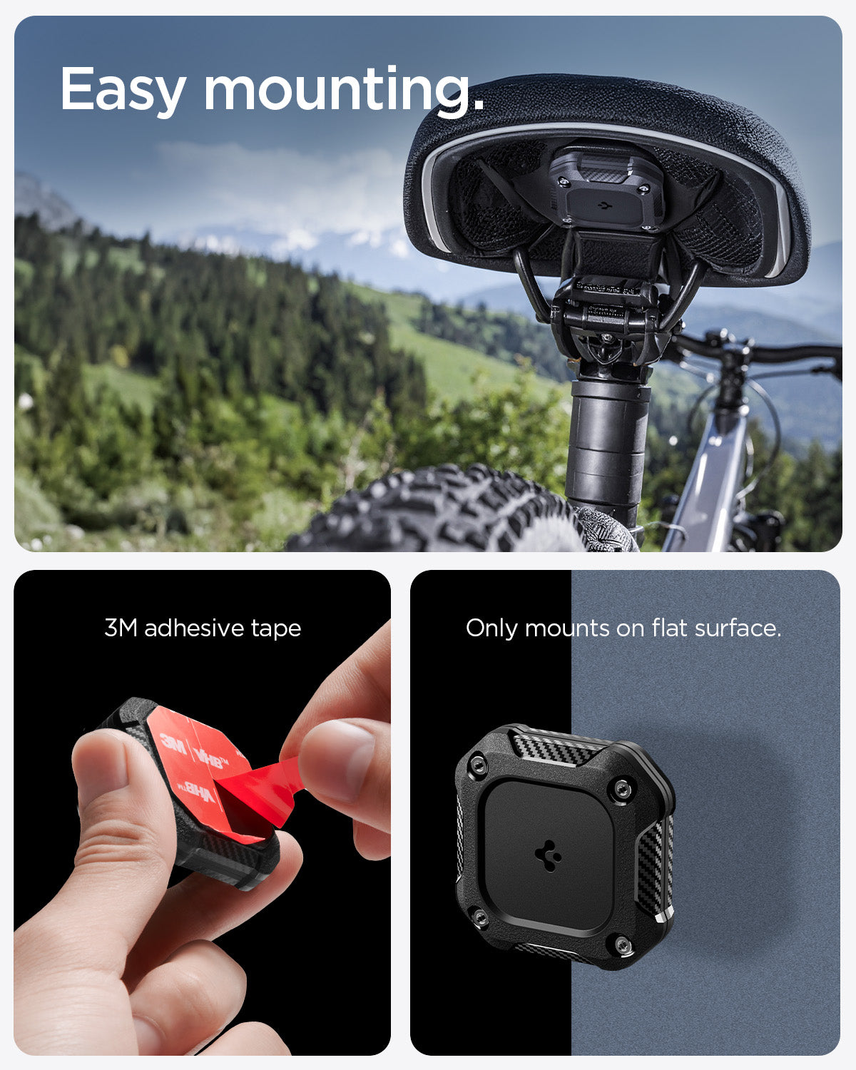 ACS09781 - 1 Pack Apple AirTag Tough Armor IP in Black showing the easy mounting with 3M adhesive tape. Only mounts on flat surface
