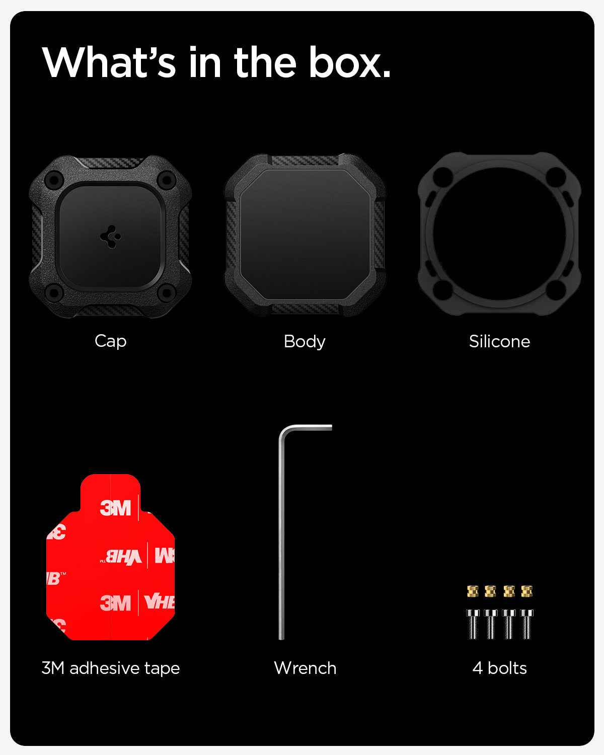 ACS09781 - 1 Pack Apple AirTag Tough Armor IP in Black showing the what's in the box. Cap, Body and Silicone, 3 M adhesive tape, Wrench and 4 bolts