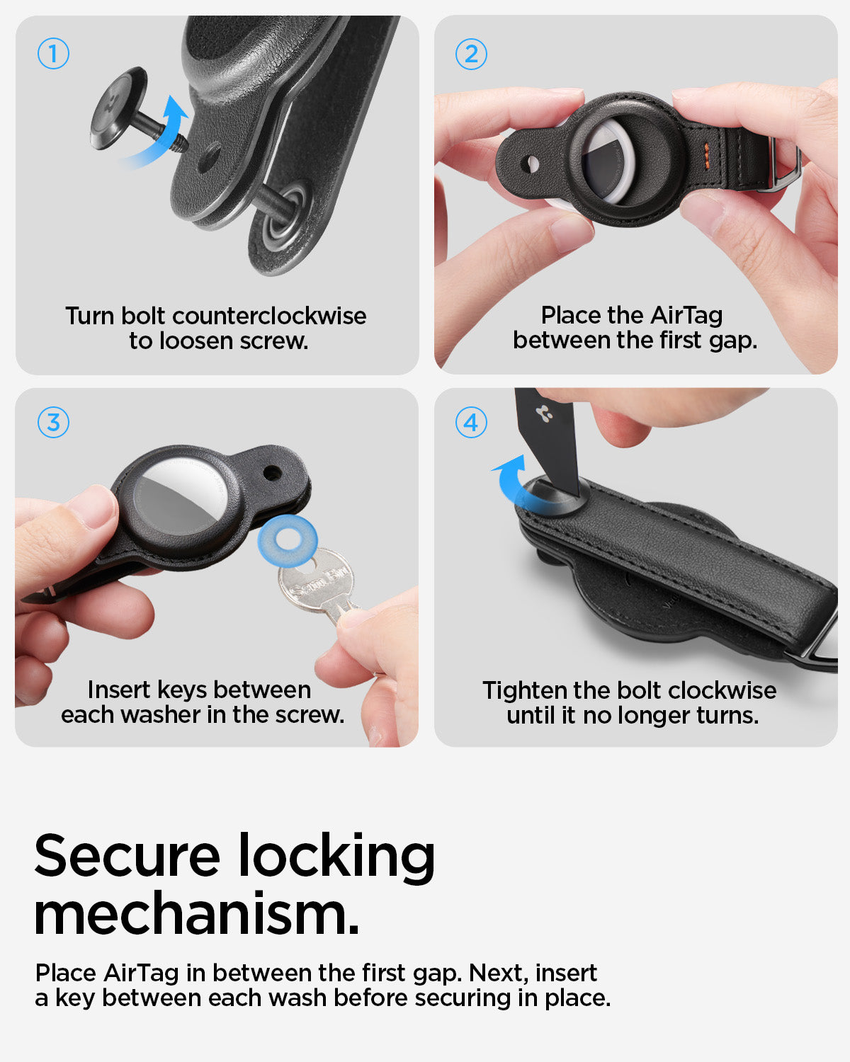 AHP09660 - Apple AirTag Valentinus Pro in Black showing the secure locking mechanism. Place AirTag in between the first gap. Next, Insert a key between each wash before securing in place.