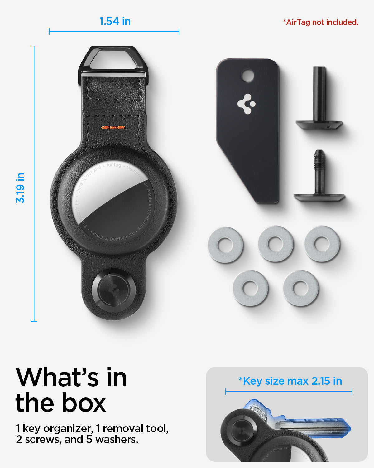 AHP09660 - Apple AirTag Valentinus Pro in Black showing what's in the box. 1 key organizer, 1 removal tool, 2 screws and 5 washers. Key size max 2.15 in