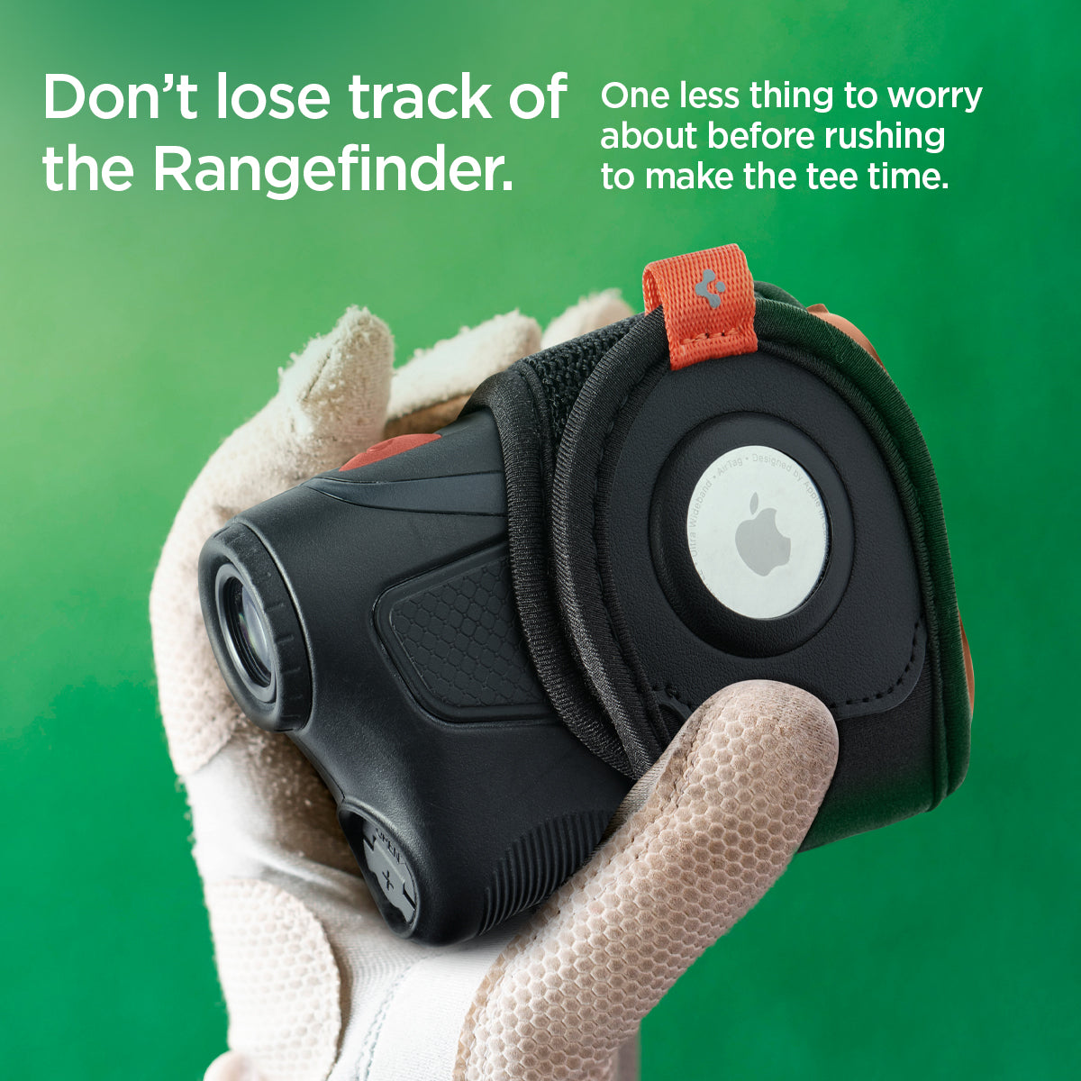 AHP03117 - AirTag Rangefinder Wrap in black showing the one less thing to worry about before rushing to make the tee time. Don't lose track of the Rangefinder