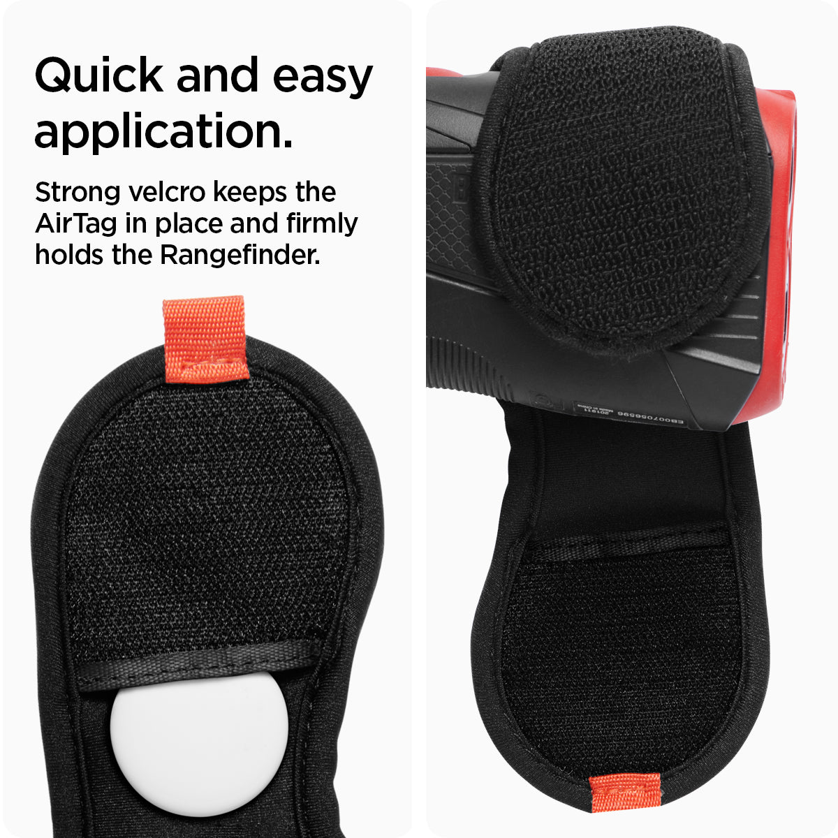 AHP03117 - AirTag Rangefinder Wrap in black showing the quick and easy application, with strong velcro that keeps the AirTag in place and firmly holds the rangefinder