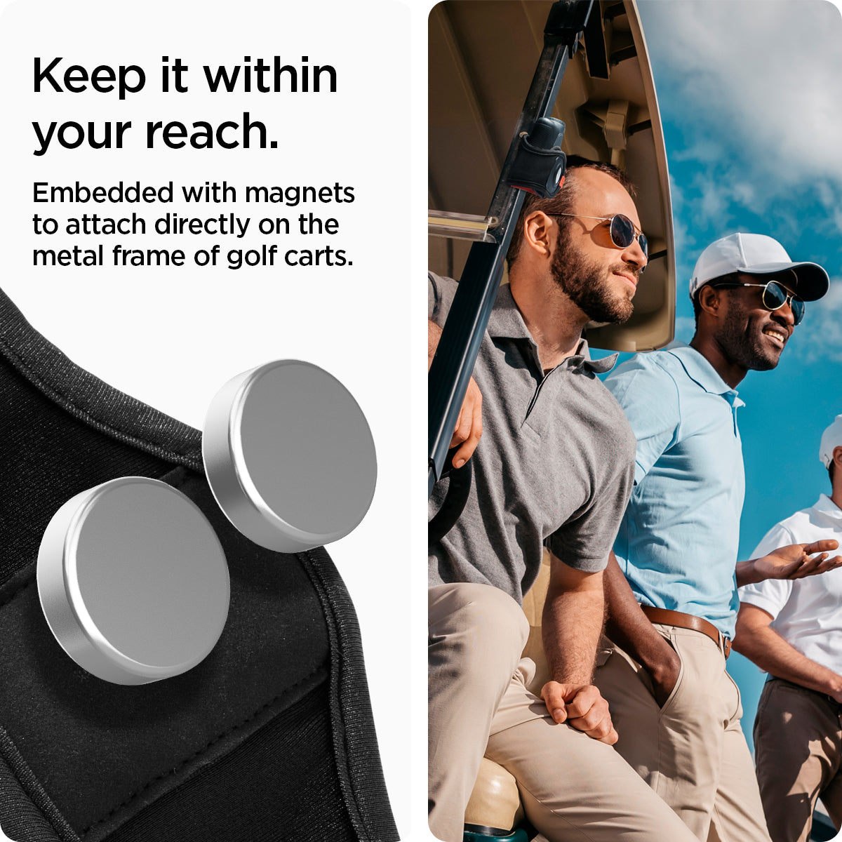 AHP03117 - AirTag Rangefinder Wrap in black showing the keep it within your reach, embedded with magnets to attach directly on the metal frame of golf carts