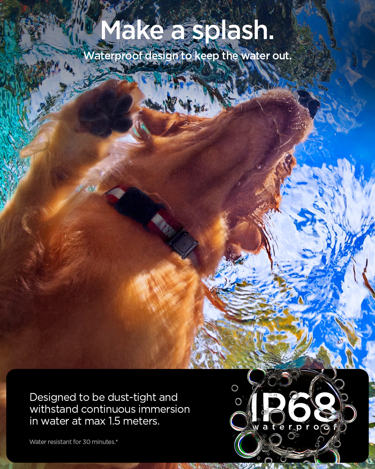 ACS09780 - Apple AirTag Tough Armor IP Pet Collar in Black showing the waterproof design to keep the water out. Designed to be dust-tight and withstand continuous immersion in water at a max 1.5 meters. Water resistant for 30 minutes