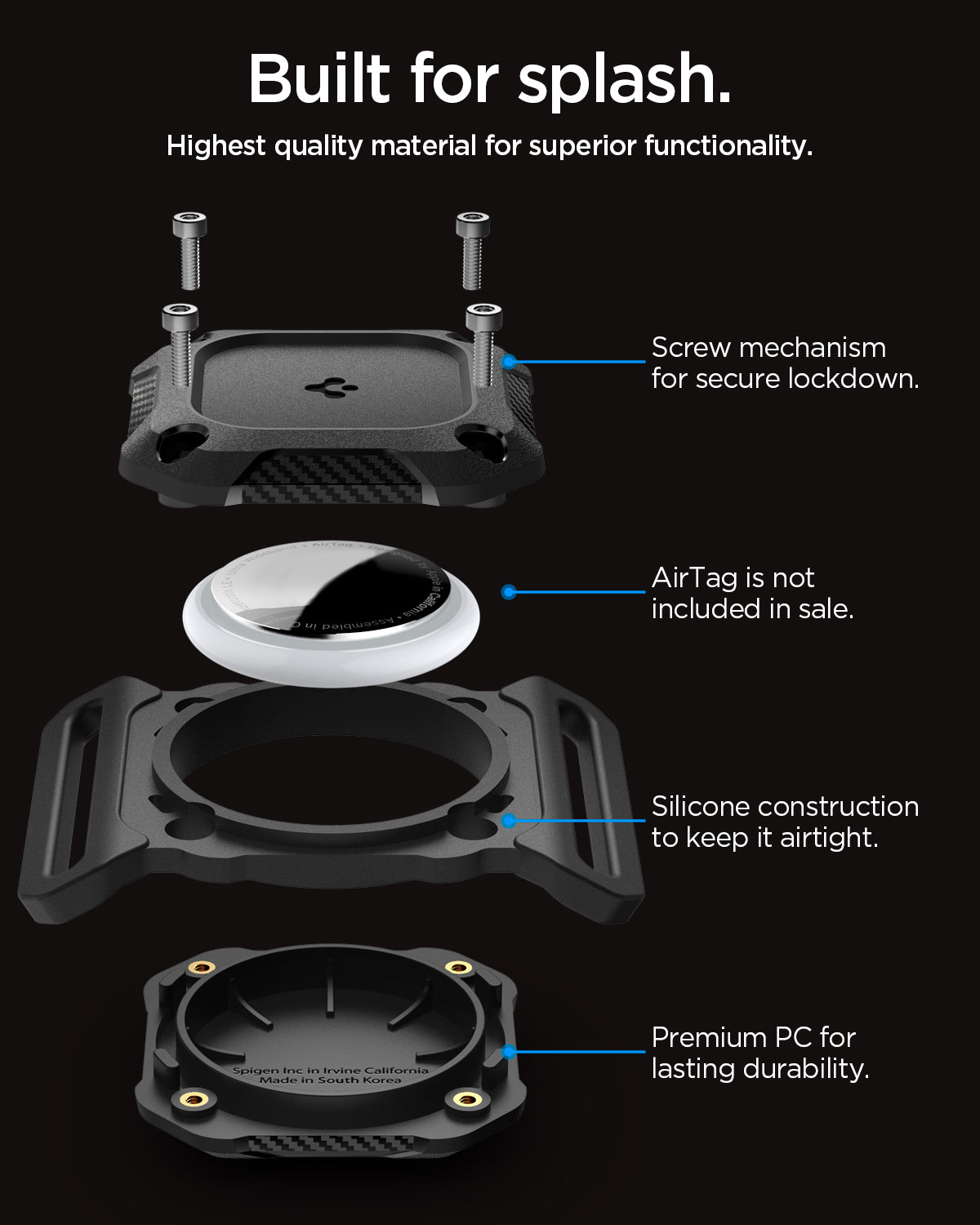 ACS09780 - Apple AirTag Tough Armor IP Pet Collar in Black showing the highest quality material for superior functionality. Screw mechanism for secure lockdown, AirTag is not included in sale, Silicone construction to keep it airtight and Premium PC for lasting durability