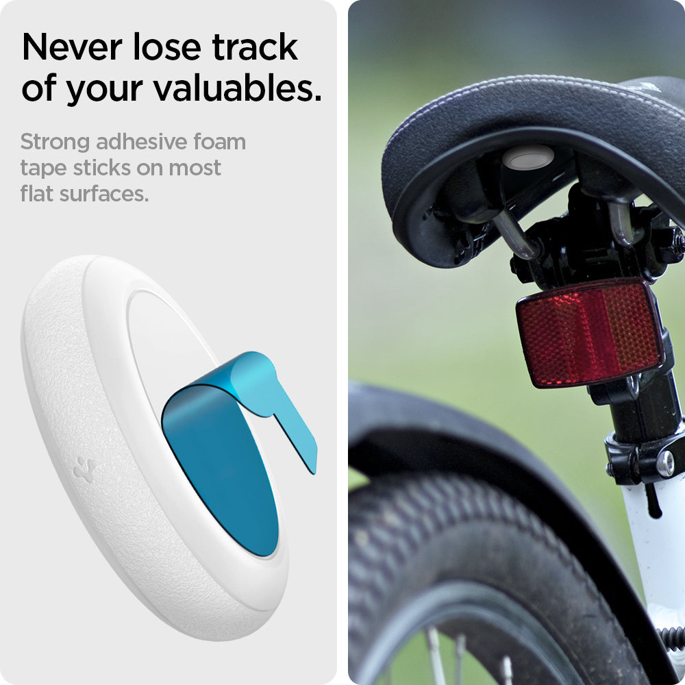 AHP03071 - Apple AirTag Case Silicone Fit in white showing the a strong adhesive foam tape sticks on most flat surfaces