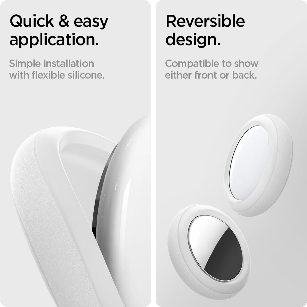 AHP03071 - Apple AirTag Case Silicone Fit in white showing the quick and easy application, simple installation with flexible silicone, reversible design, compatible to show either front or back