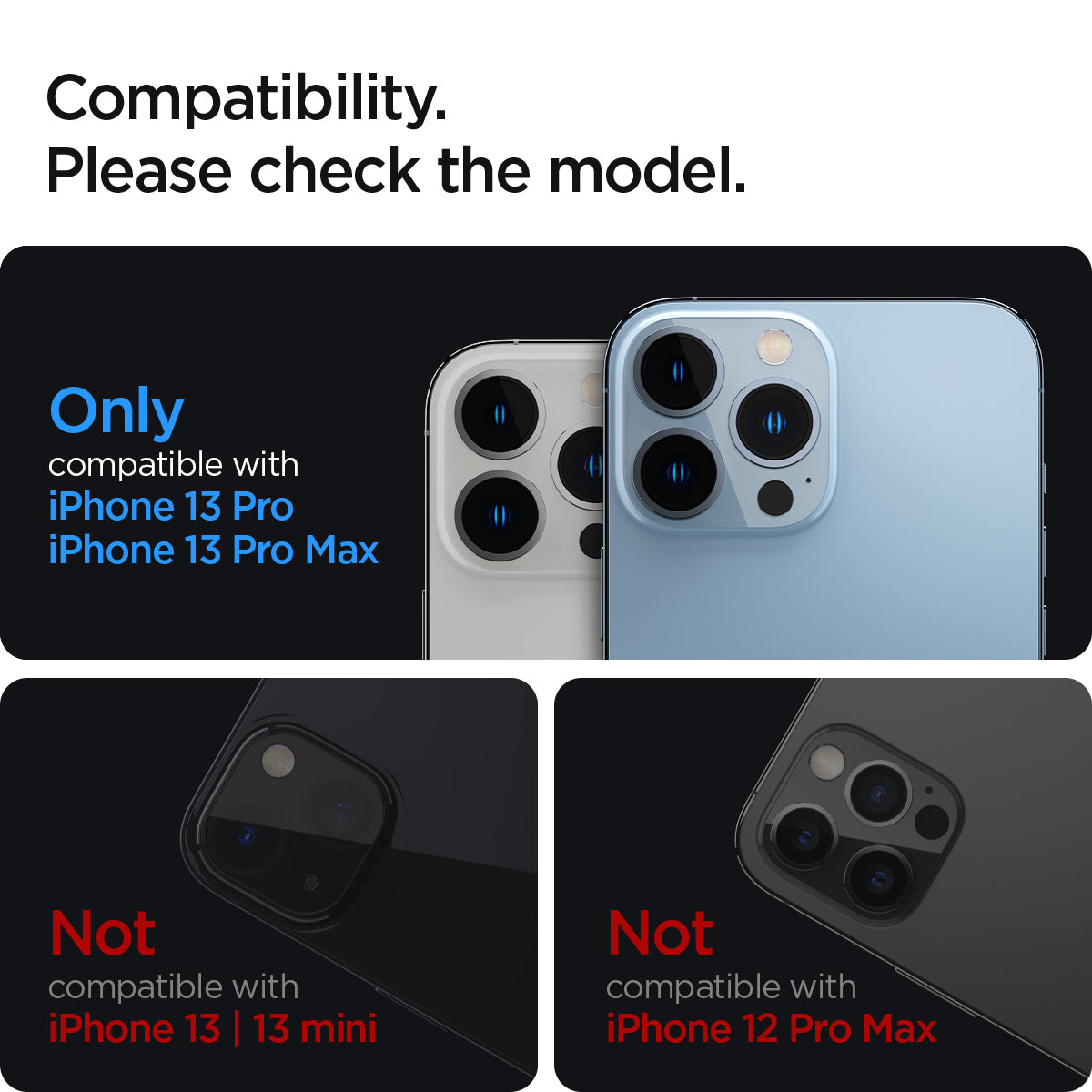 AGL04033 - iPhone 13 Pro Max / iPhone 13 Pro Optik Lens Protector in silver showing compatibility. Please check the model. Only compatible with iPhone 13 pro and iPhone 13 pro max. Not compatible with iPhone 13, 13 mini. Not compatible with iPhone 12 pro