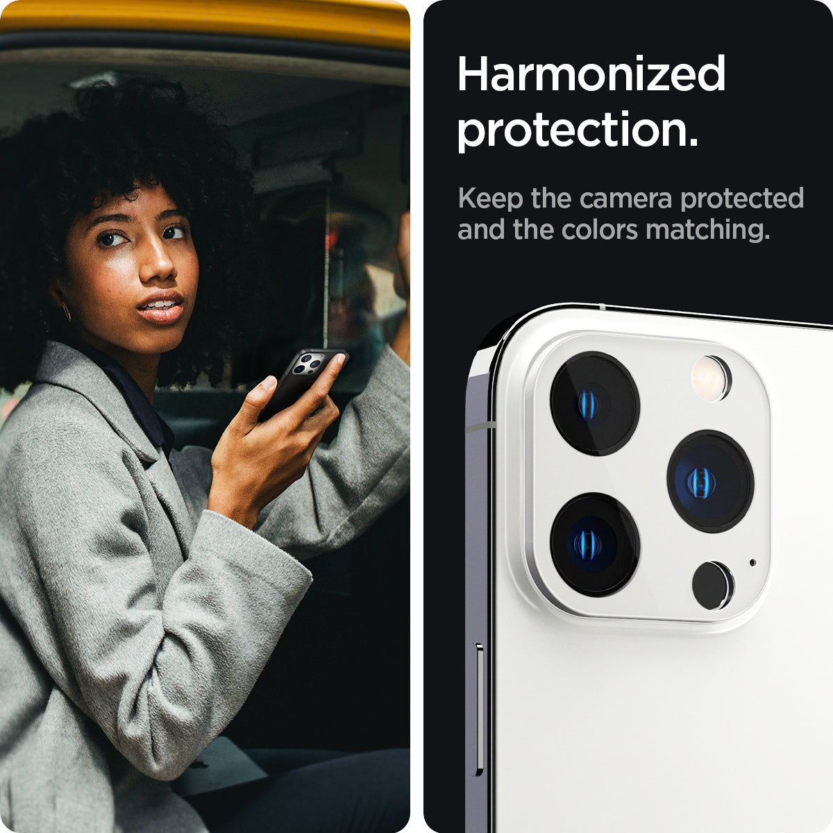 AGL04033 - iPhone 13 Pro Max / iPhone 13 Pro Optik Lens Protector in silver showing hamonized protection. Keep the camera protected and the colors matching