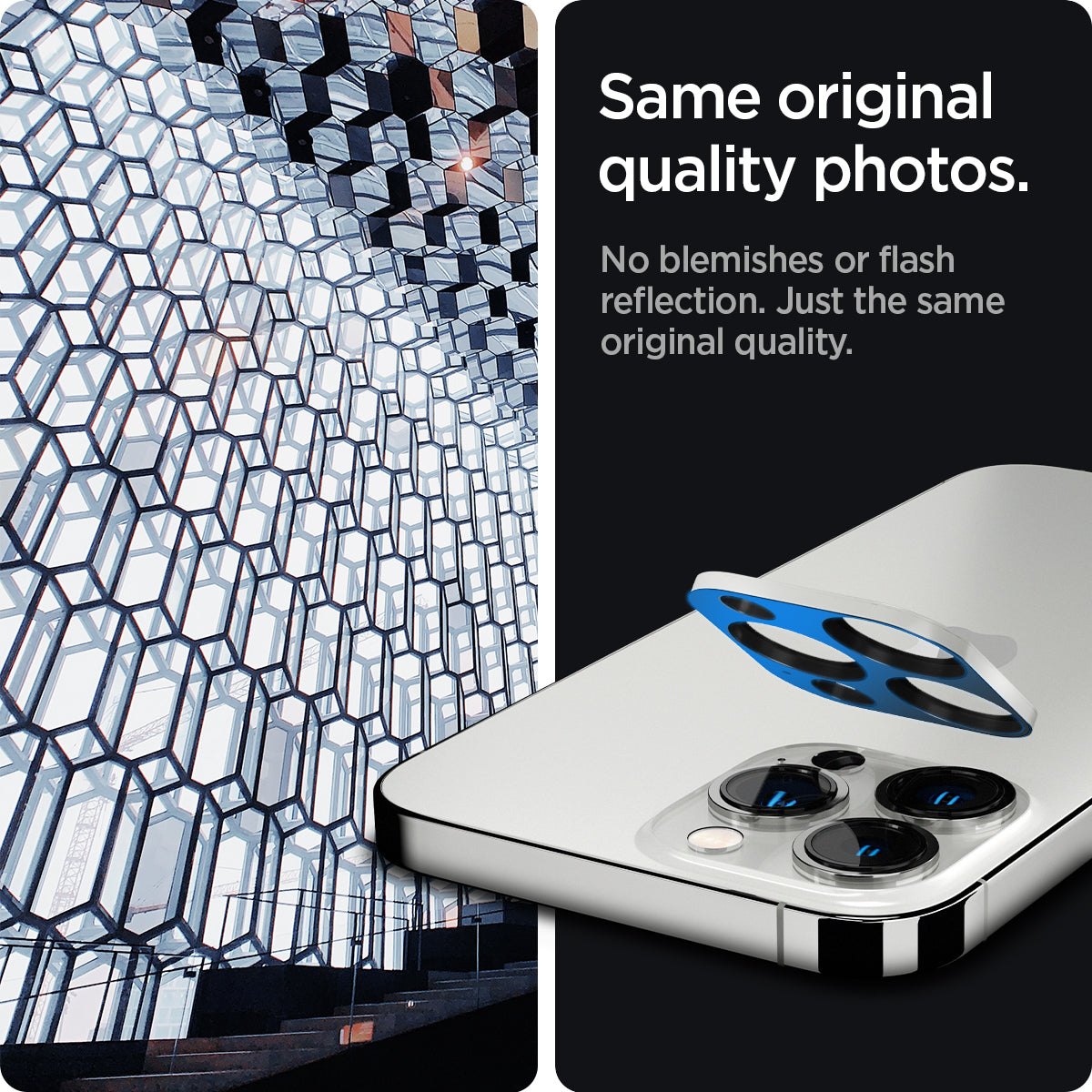 AGL04033 - iPhone 13 Pro Max / iPhone 13 Pro Optik Lens Protector in silver showing same original quality photos. No blemishes or flash reflection. Just the same original quality.