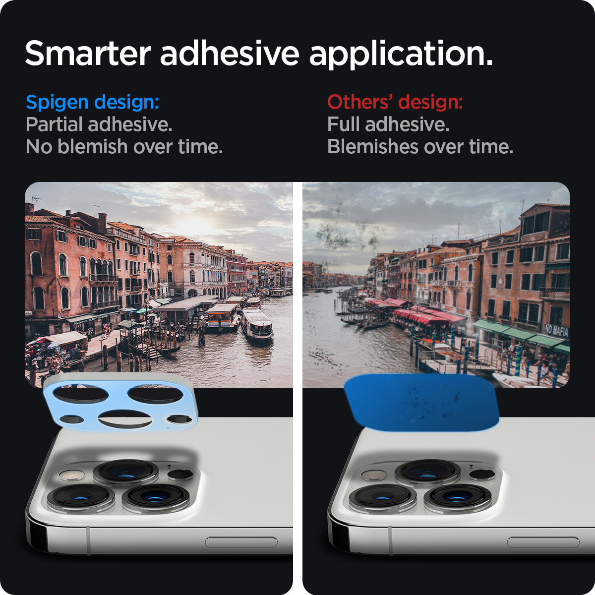 AGL04033 - iPhone 13 Pro Max / iPhone 13 Pro Optik Lens Protector in silver showing smarter adhesive application. Spigen design partial adhesive. No blemish over time. Other's design full adhesive over time.