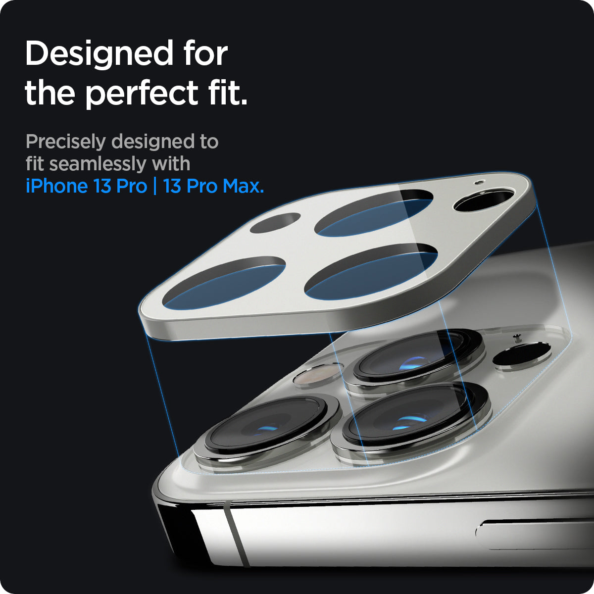 AGL04033 - iPhone 13 Pro Max / iPhone 13 Pro Optik Lens Protector in silver showing designed for the perfect fit. Precisely designed to fit seamlessly with iPhone 13 pro and 13 pro max