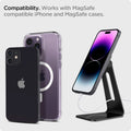 AMP025733 - OneTap Magnetic Stand (MagFit) in black showing the compatibility. Works with MagSafe compatible iPhone and MagSafe cases