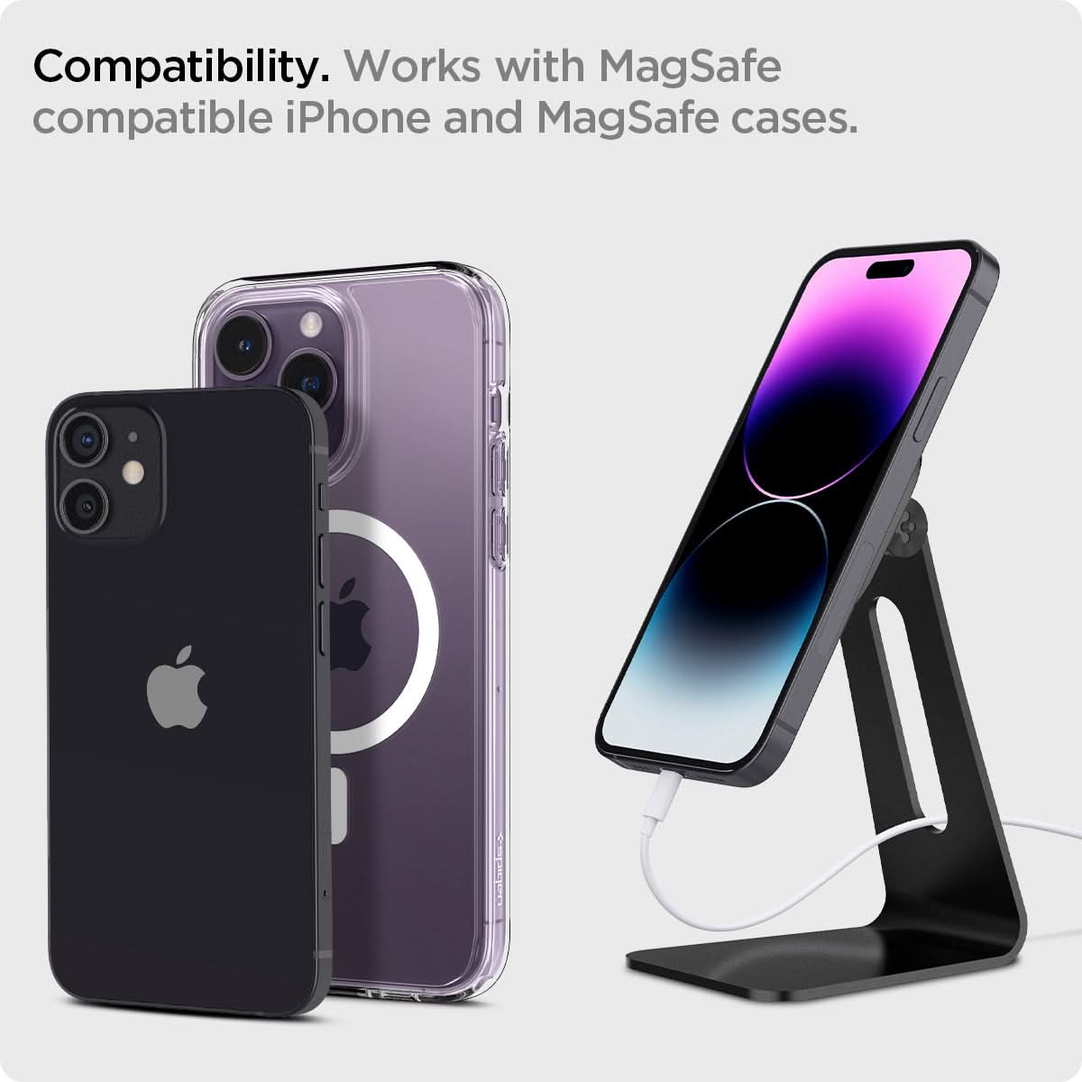 AMP025733 - OneTap Magnetic Stand (MagFit) in black showing the compatibility. Works with MagSafe compatible iPhone and MagSafe cases