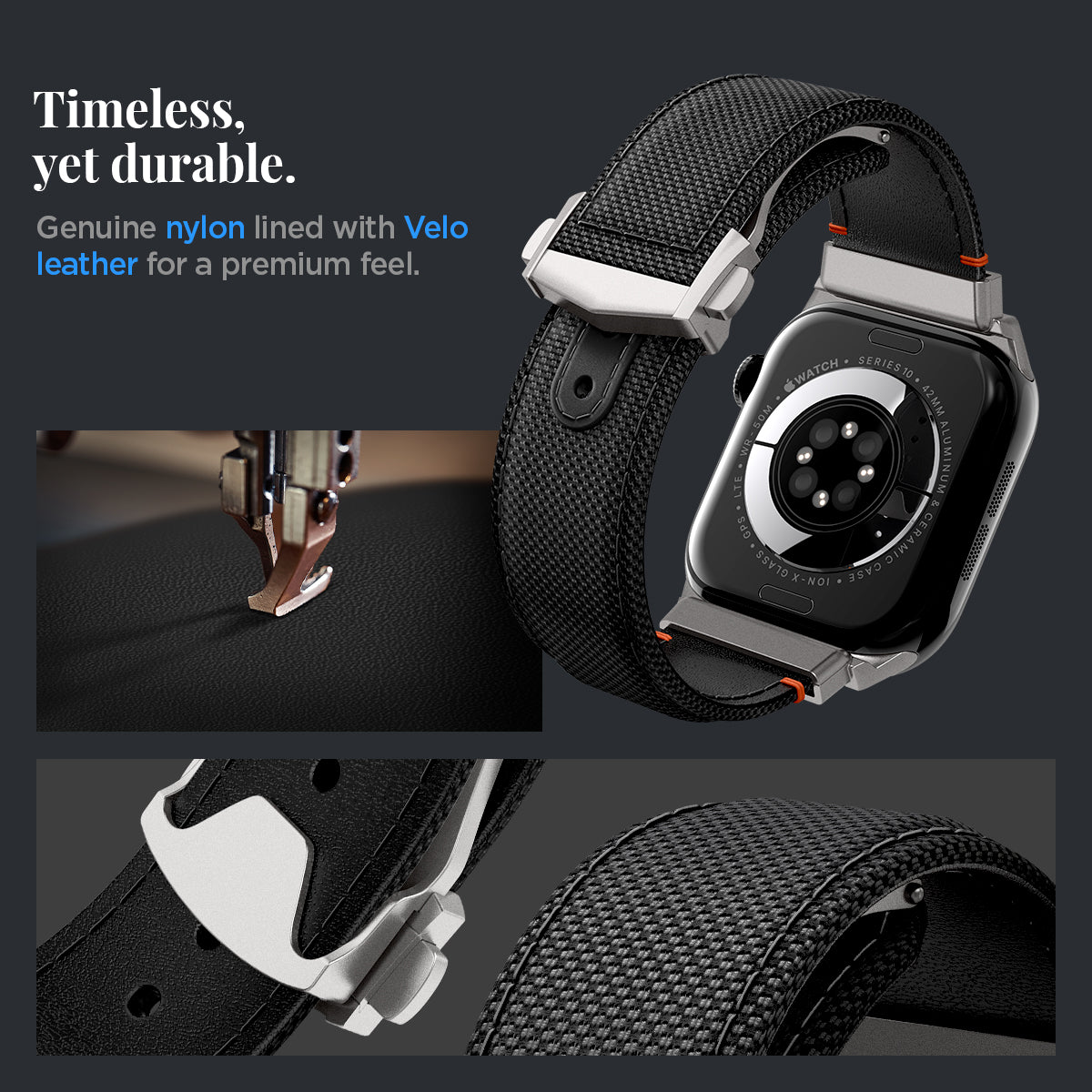 AMP09304 - Apple Watch Ultra (49mm) Classic Fit in Black genuine nylon lined with velo leather for a premium feel