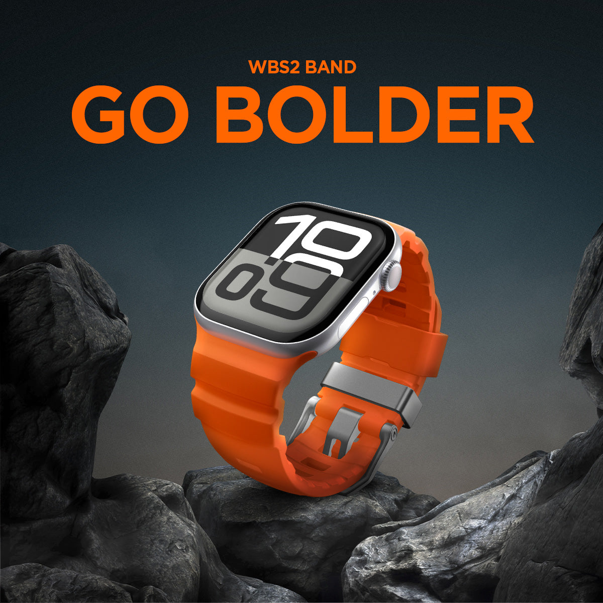 AMP10509 - Apple Watch 10/11 (46mm) WBS2 in Orange showing the front, partial side and partial inner bottom, on a rocky environment