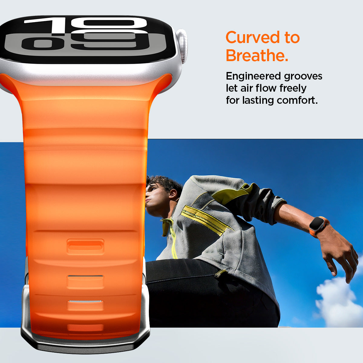 AMP10509 - Apple Watch 10/11 (46mm) WBS2 in Orange showing the curved to breathe. Engineered grooves let air flow freely for lasting comfort.