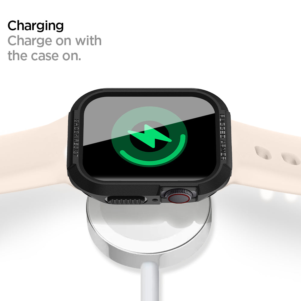 061CS24480 - Apple Watch Series (Apple Watch (41mm)) Case Rugged Armor in black charging on with the case on.