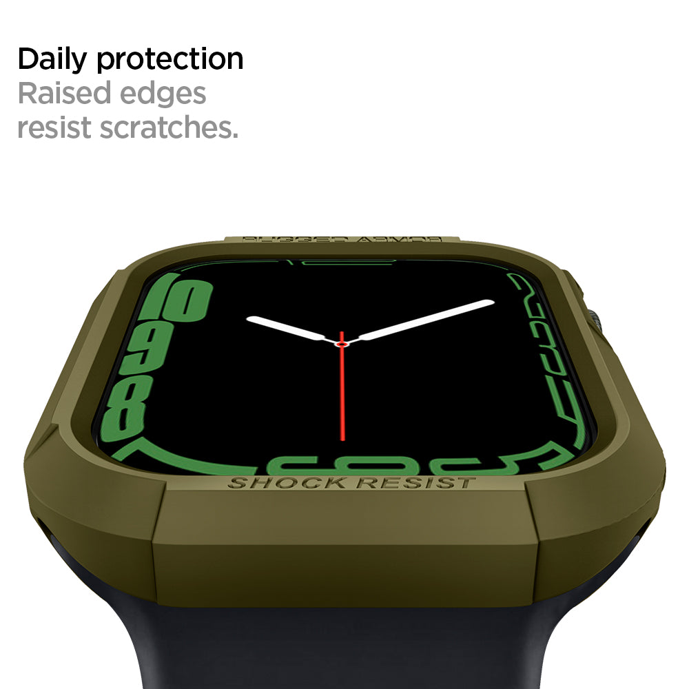 061CS26014 - Apple Watch Series (Apple Watch (41mm)) Case Rugged Armor in olive green shows daily protection raised edges resist scratches.