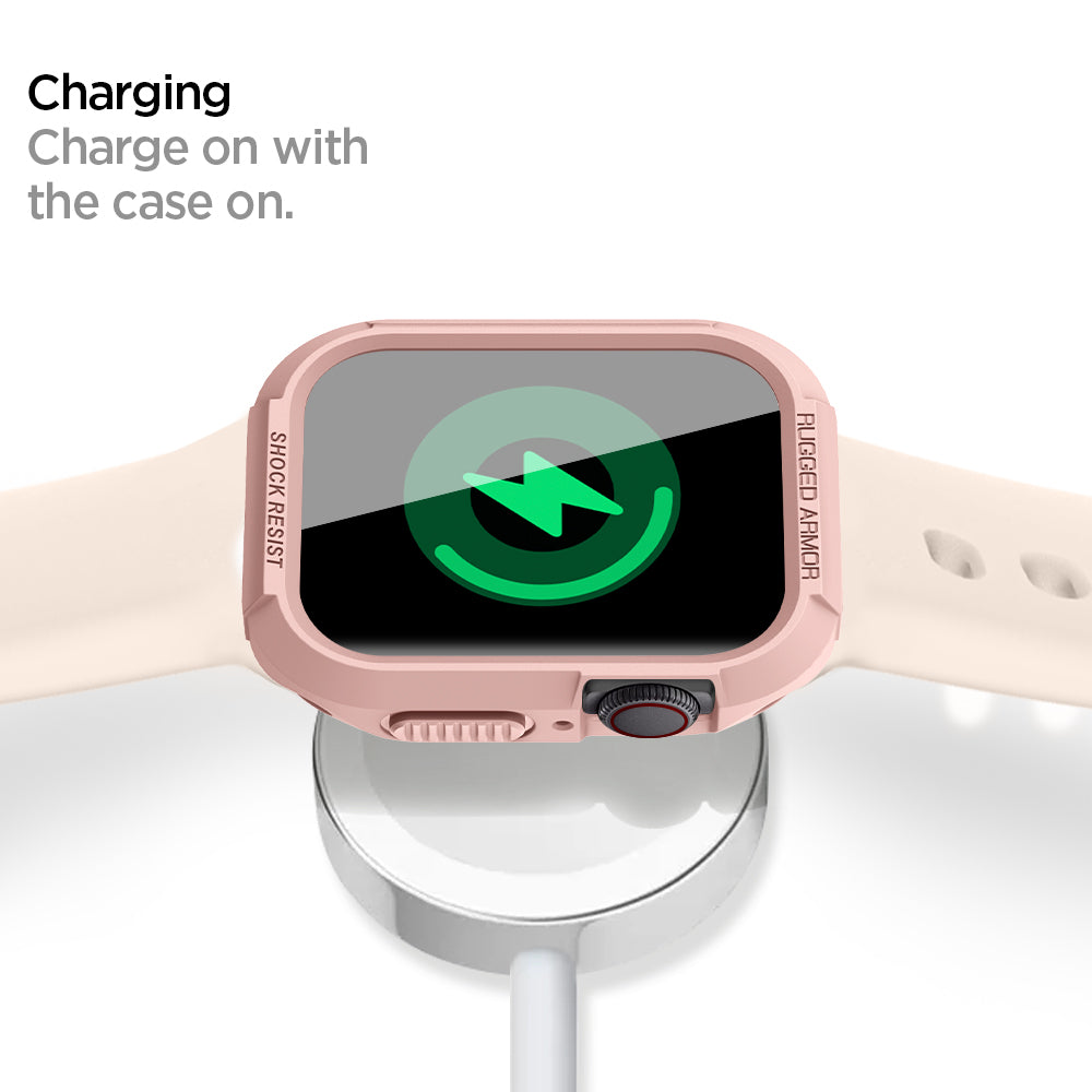 061CS24481 - Apple Watch Series (Apple Watch (41mm)) Case Rugged Armor in rose gold charging on with the case on.