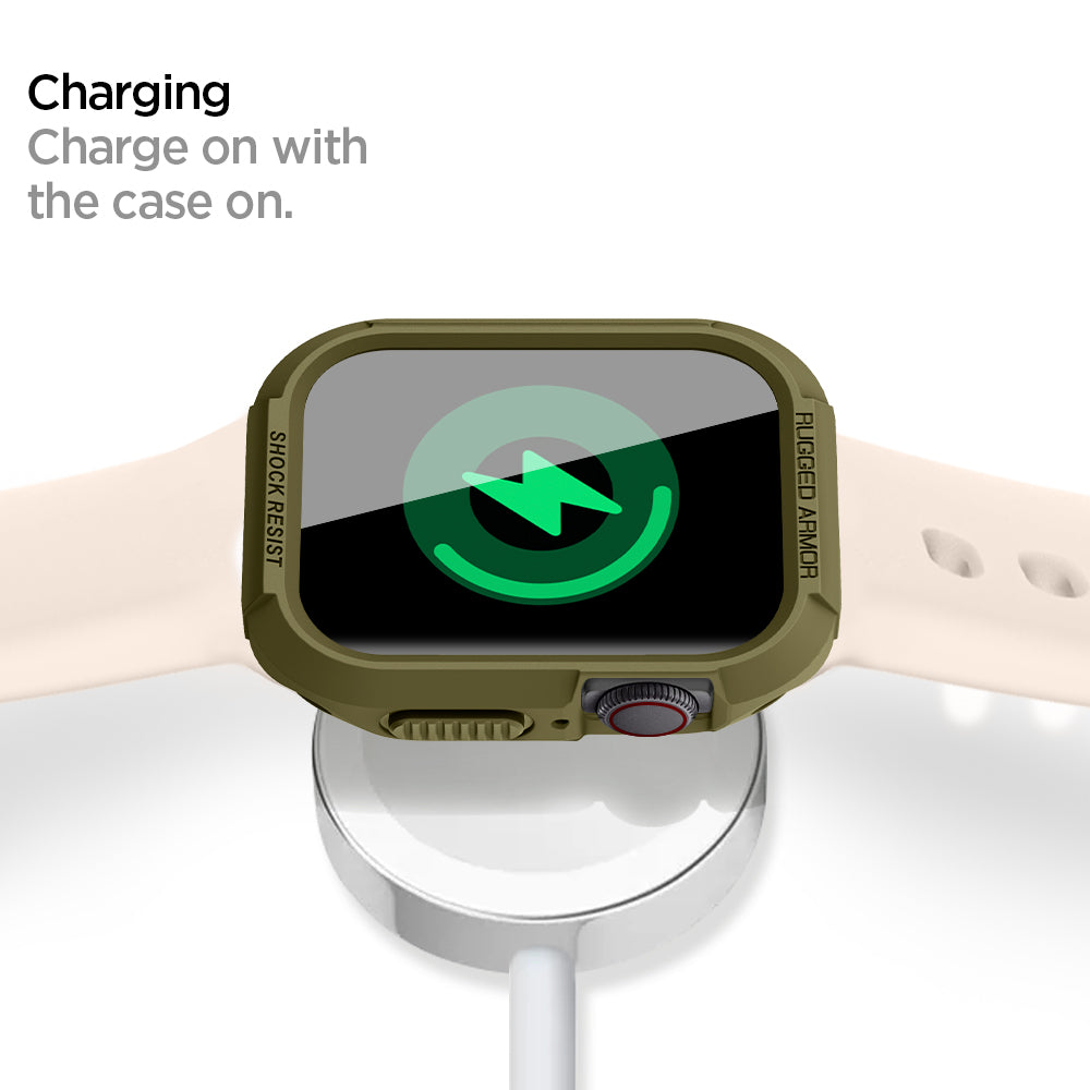 062CS26015 - Apple Watch Series (Apple Watch (45mm)) Case Rugged Armor in olive green charging on with the case on.