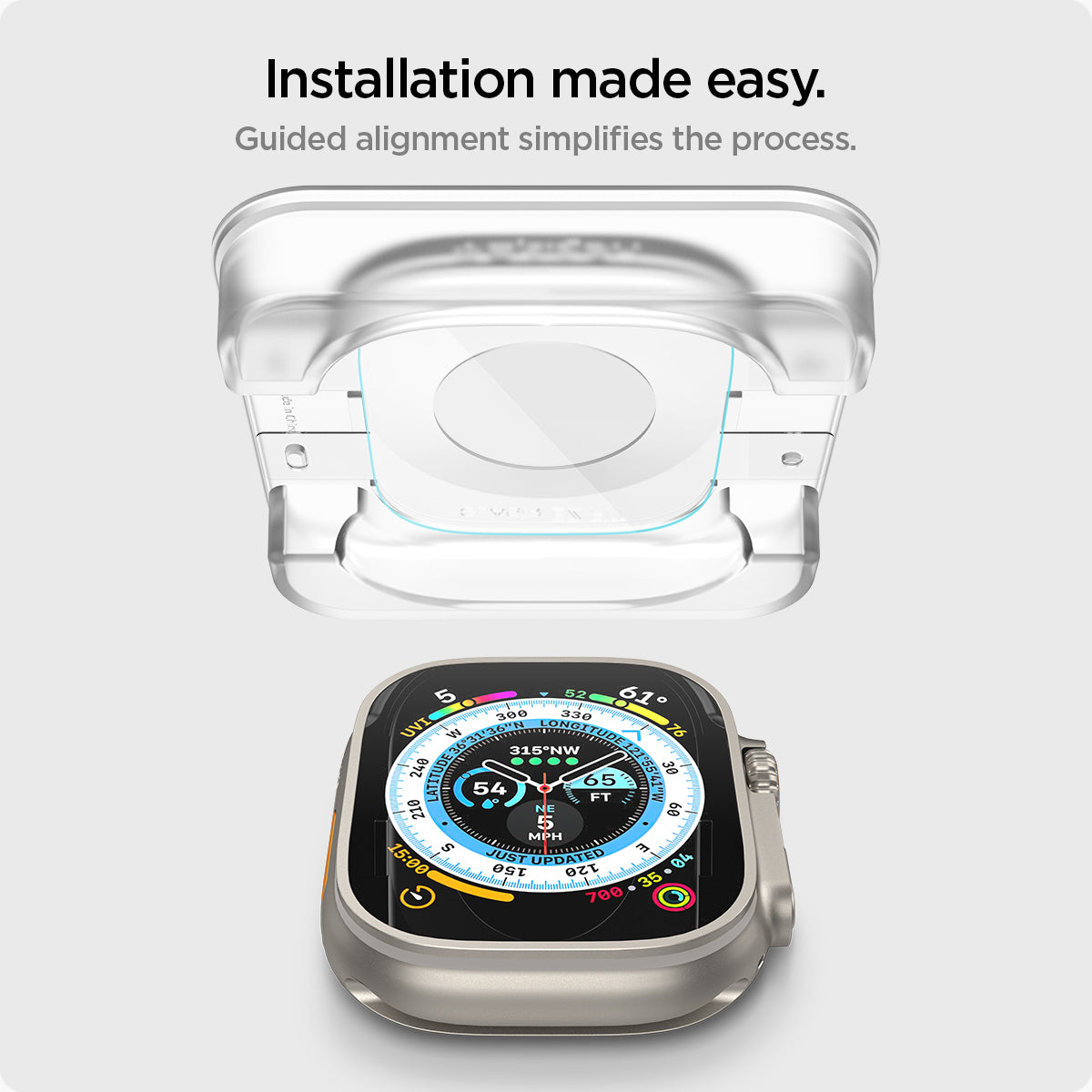 AGL05556 - Apple Watch Ultra Screen Protector EZ FIT Glas.tR showing how Installation made easy. Guided alignment simplifies the process