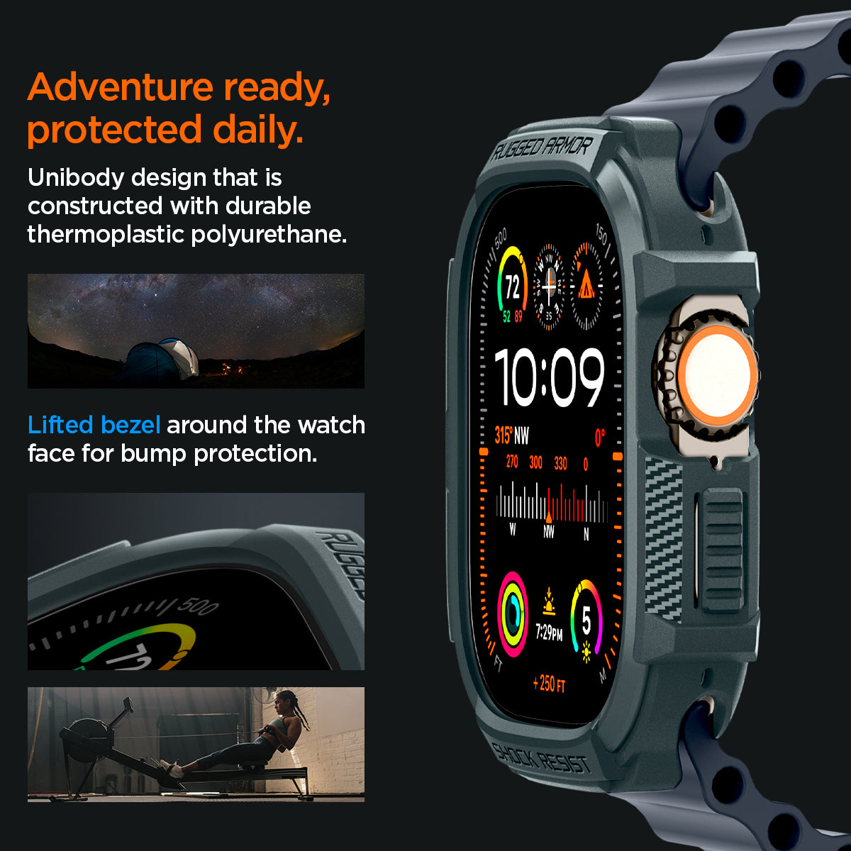 ACS07383 - Apple Watch (49mm) Rugged Armor in Abyss Green adventure ready, protected daily. Unibody design that is constructed with durable thermoplastic polyurethane. Lifted bezel around the watch face for bump protection.