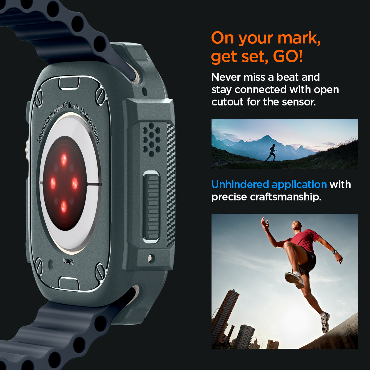 ACS07383 - Apple Watch (49mm) Rugged Armor in Abyss Green never miss a beat and stay connected with open cutout for the sensor. Write down On your mark, get set GO! Unhindered application with precise craftsmanship.