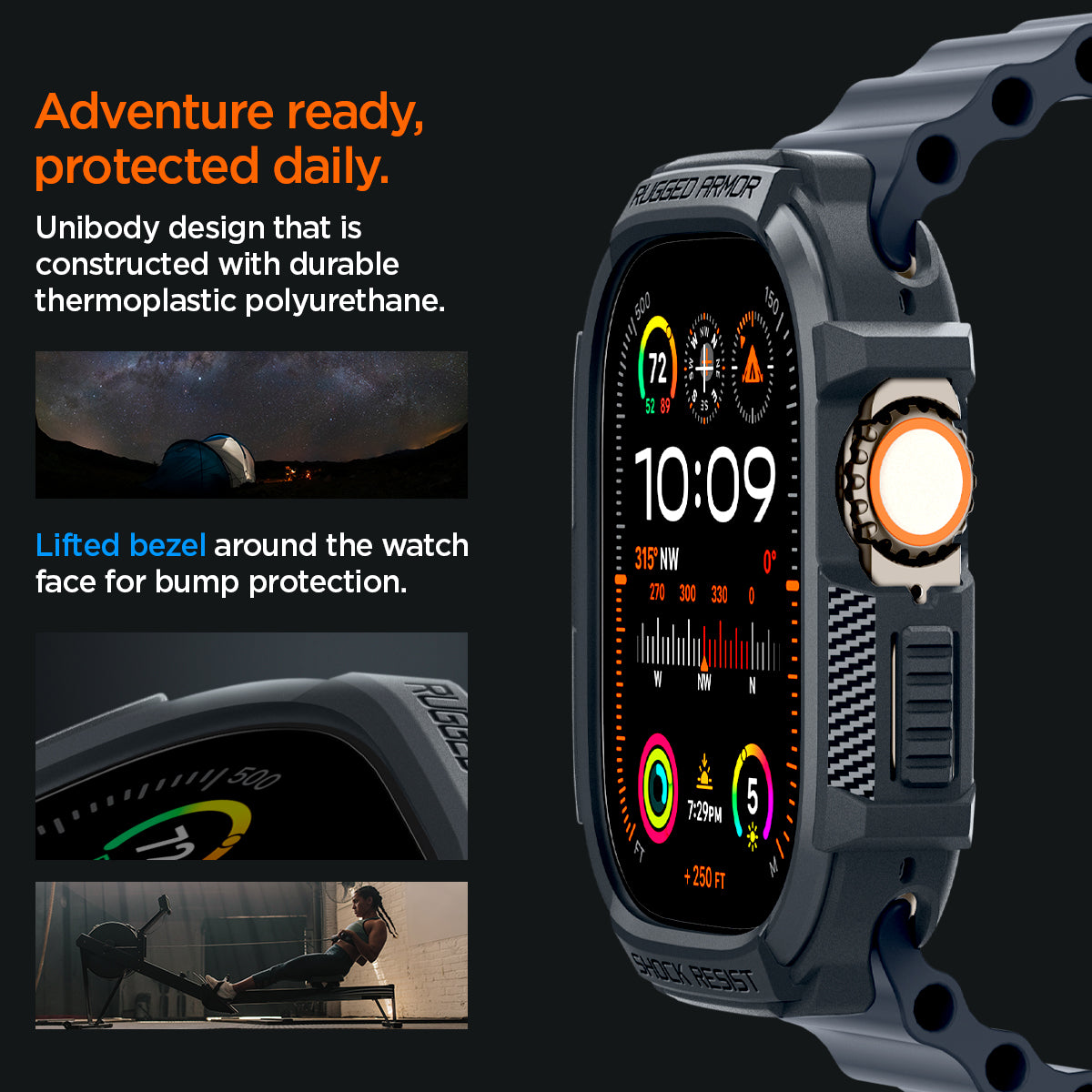 ACS07385 - Apple Watch (49mm) Rugged Armor in Dark Gray adventure ready, protected daily. Unibody design that is constructed with durable thermoplastic polyurethane. Lifted bezel around the watch face for bump protection.