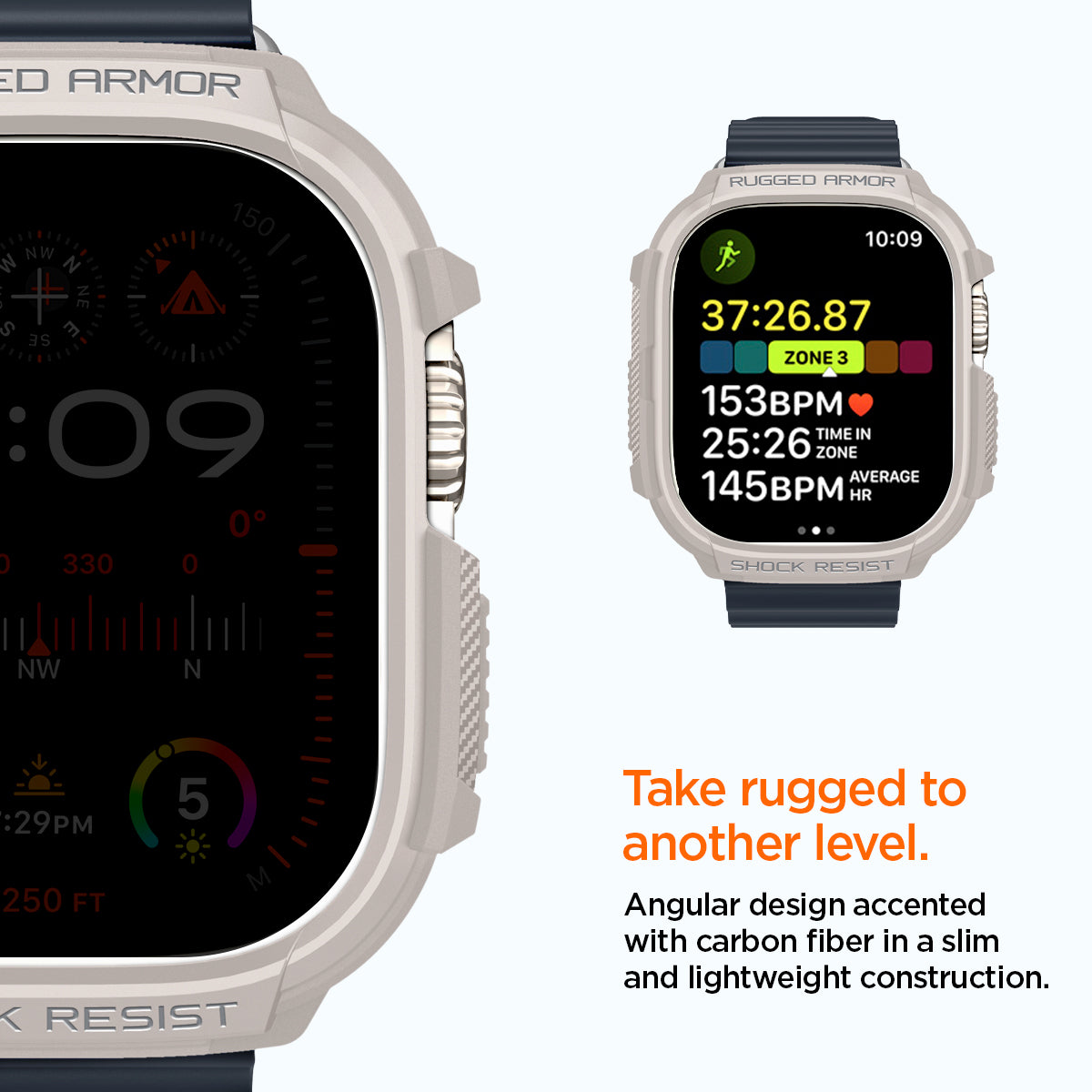 ACS07381 - Apple Watch (49mm) Rugged Armor in Dune Beige angular design accented with carbon fiber in a slim and lightweight construction. Take rugged to another level.