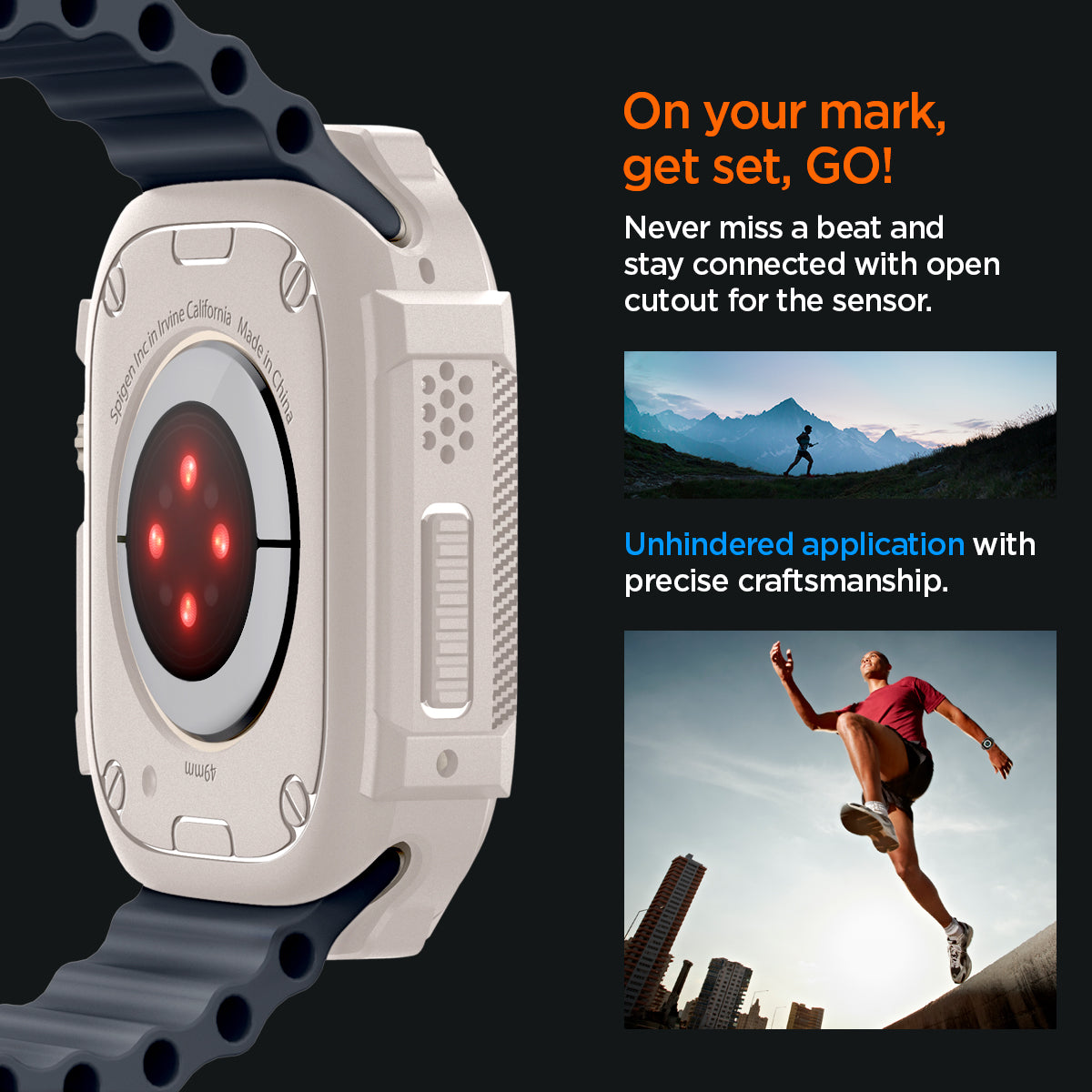 ACS07381 - Apple Watch (49mm) Rugged Armor in Dune Beige never miss a beat and stay connected with open cutout for the sensor. Write down On your mark, get set GO! Unhindered application with precise craftsmanship.