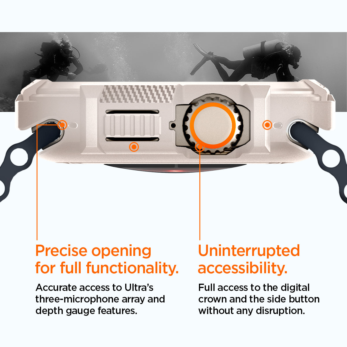 ACS07381 - Apple Watch (49mm) Rugged Armor in Dune Beige showing precise opening for full functionality. Accurate access to Ultra's three-microphone array and depth gauge features. Uninterrupted accessibility. Full access to the digital crown and the side button without any disruption.
