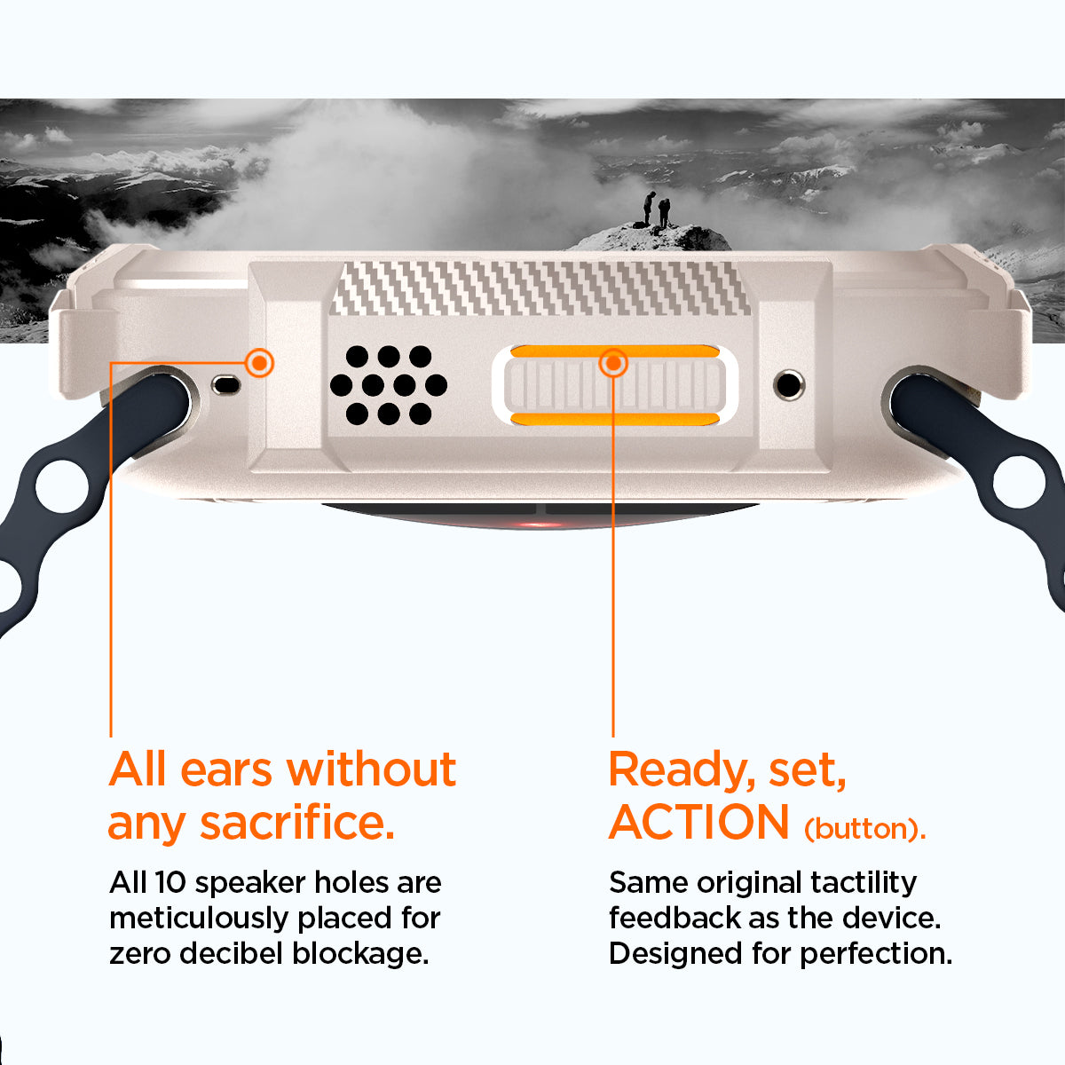 ACS07381 - Apple Watch (49mm) Rugged Armor in Dune Beige has all 10 speaker holes are meticulously placed for zero decibel blockage. All ears without any sacrifice. Also has Ready, set action button. Same original tactility feedback as the device. Designed for perfection.