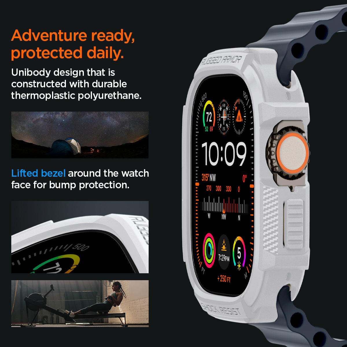 ACS07384 - Apple Watch (49mm) Rugged Armor in White adventure ready, protected daily. Unibody design that is constructed with durable thermoplastic polyurethane. Lifted bezel around the watch face for bump protection.