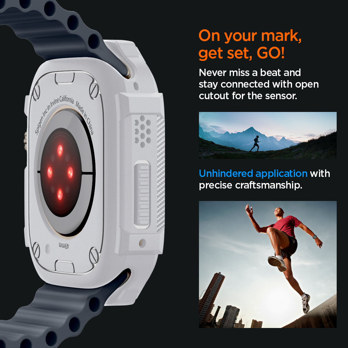 ACS07384 - Apple Watch (49mm) Rugged Armor in White never miss a beat and stay connected with open cutout for the sensor. Write down On your mark, get set GO! Unhindered application with precise craftsmanship.