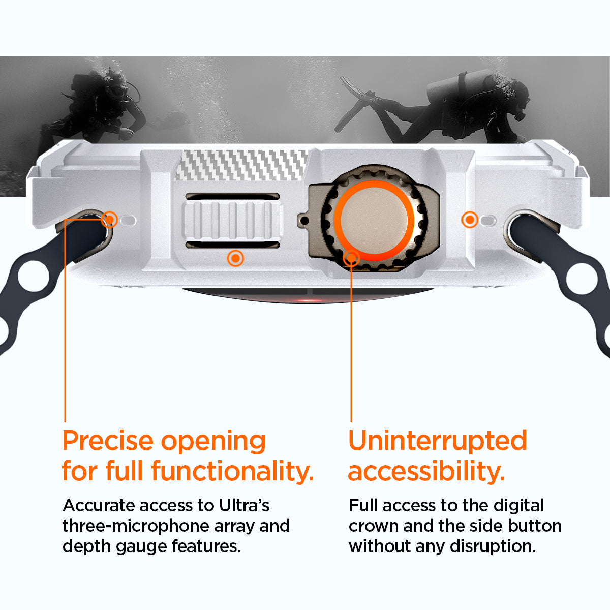 ACS07384 - Apple Watch (49mm) Rugged Armor in White showing precise opening for full functionality. Accurate access to Ultra's three-microphone array and depth gauge features. Uninterrupted accessibility. Full access to the digital crown and the side button without any disruption.