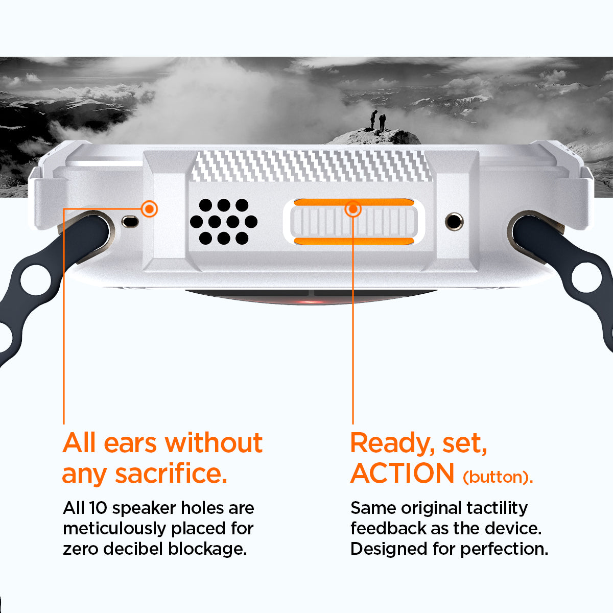 ACS07384 - Apple Watch (49mm) Rugged Armor in White has all 10 speaker holes are meticulously placed for zero decibel blockage. All ears without any sacrifice. Also has Ready, set action button. Same original tactility feedback as the device. Designed for perfection.