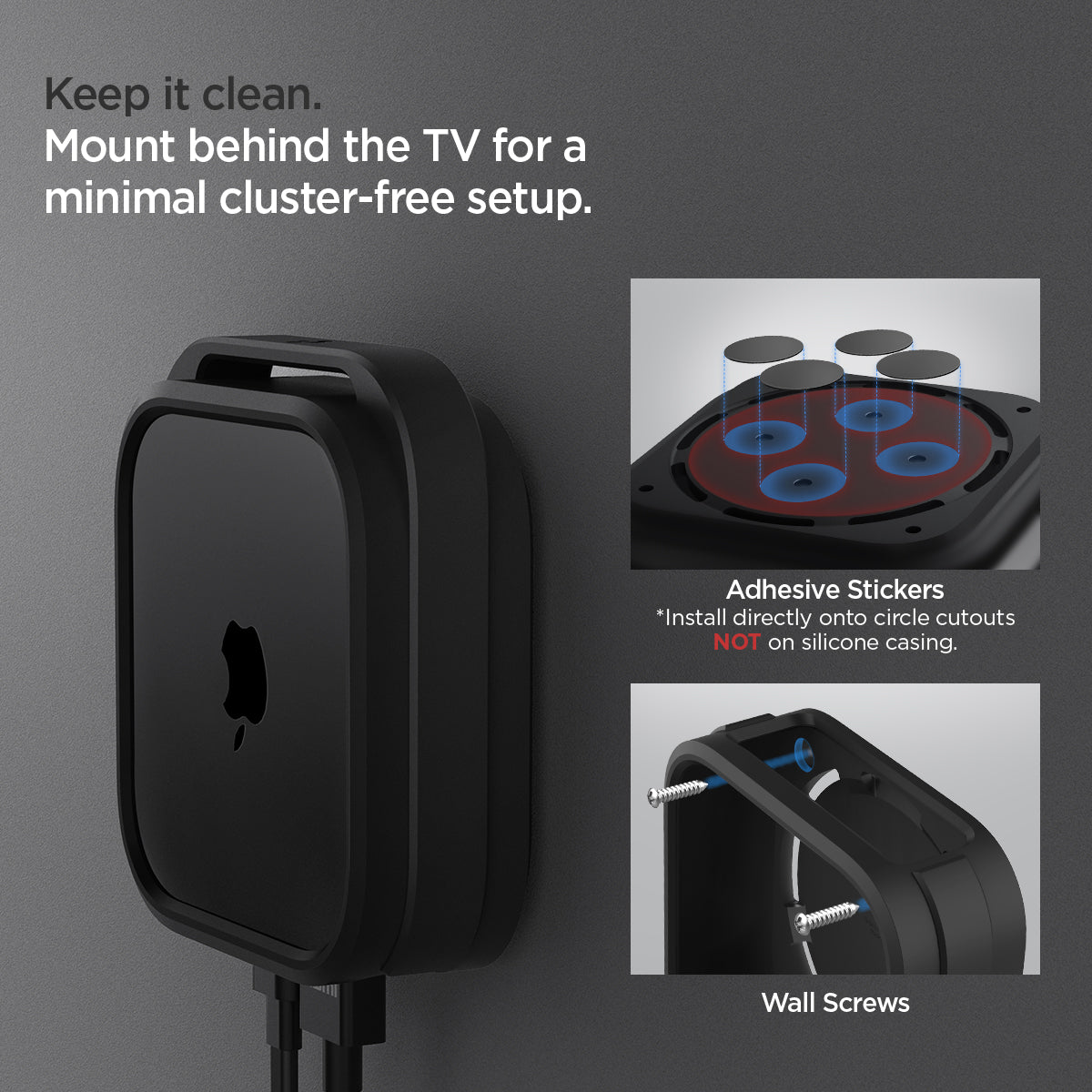 AMP05858 - Apple TV 4K (3rd Gen) Mount Silicone Fit in black showing how keeping it clean. Mount behind the TV for a minimal cluster-free setup